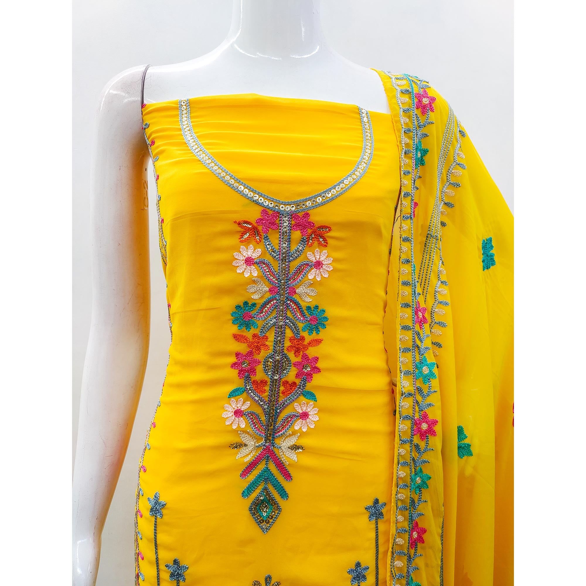 Yellow Floral Sequins Embroidered Georgette Dress Material