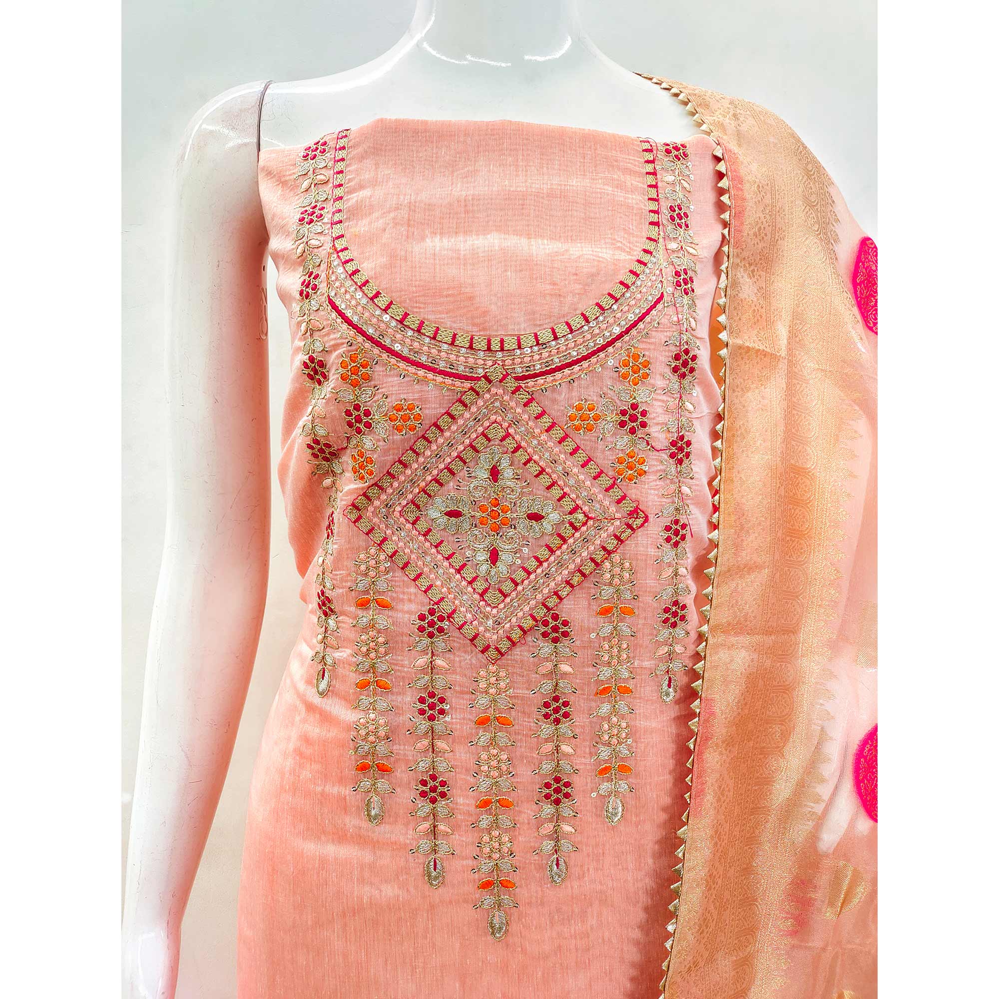 Peach Floral Sequins Embroidered Chanderi Dress Material