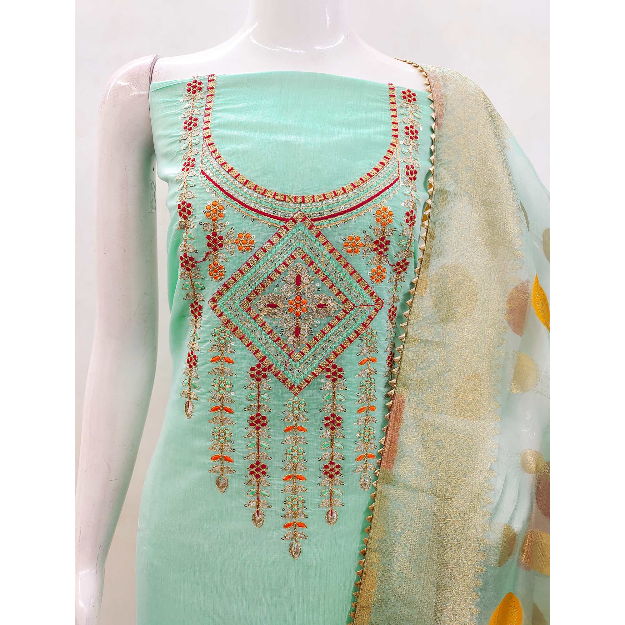 Turquoise Floral Sequins Embroidered Chanderi Dress Material