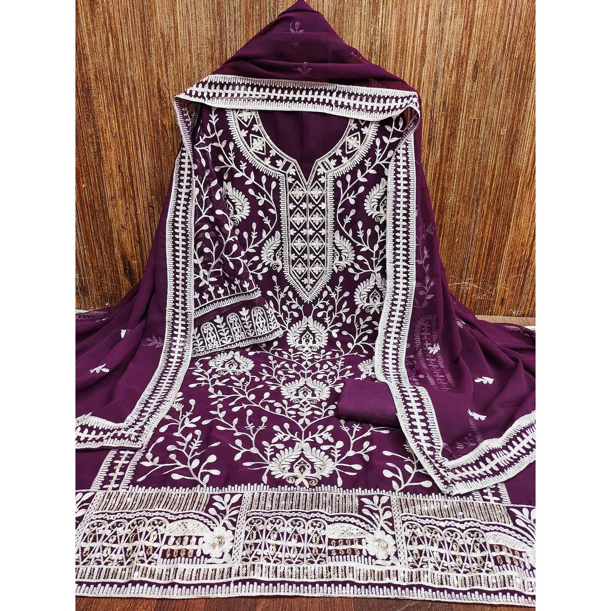 Purple Floral Sequins Embroidered Georgette Dress Material