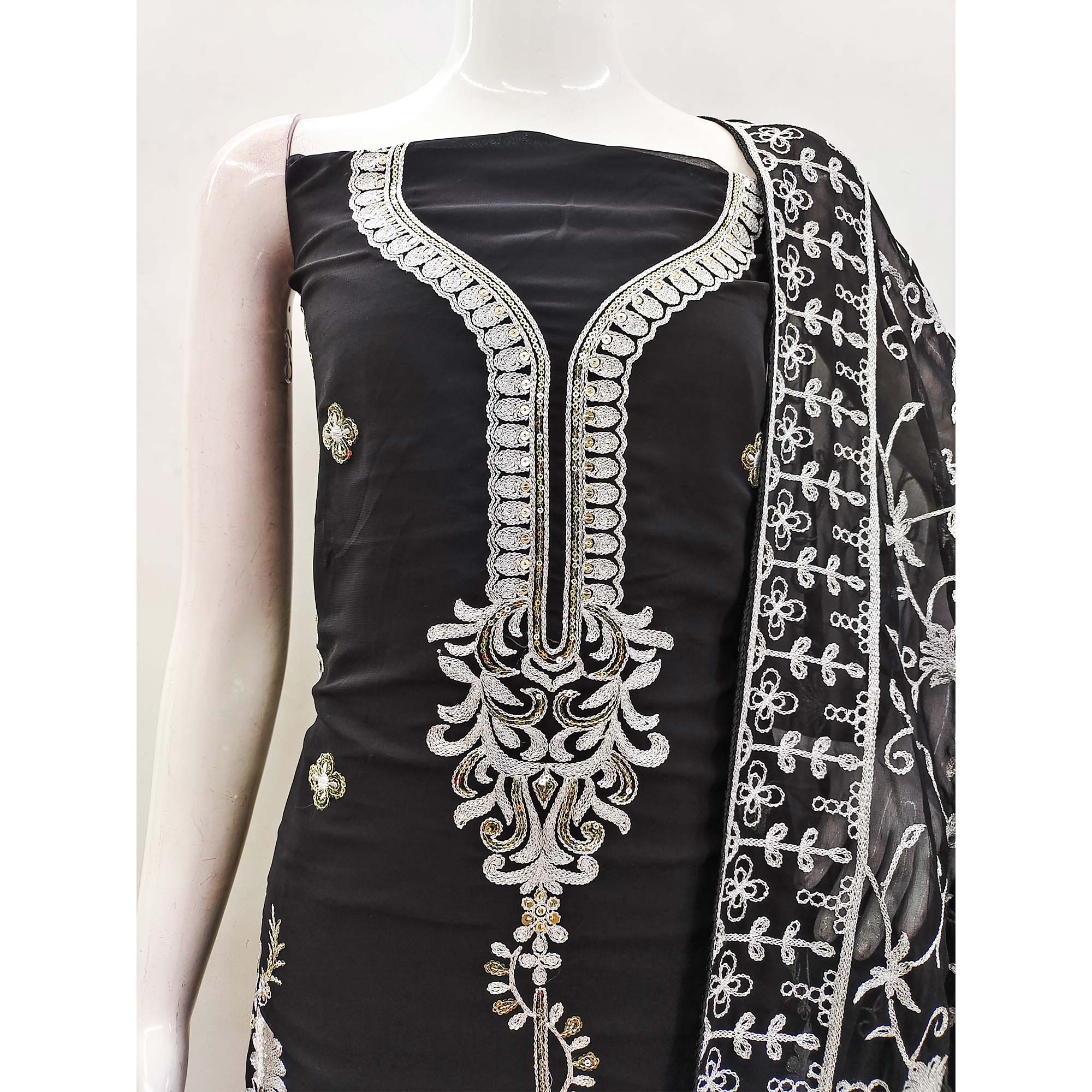 Black Floral Sequins Embroidered Georgette Dress Material