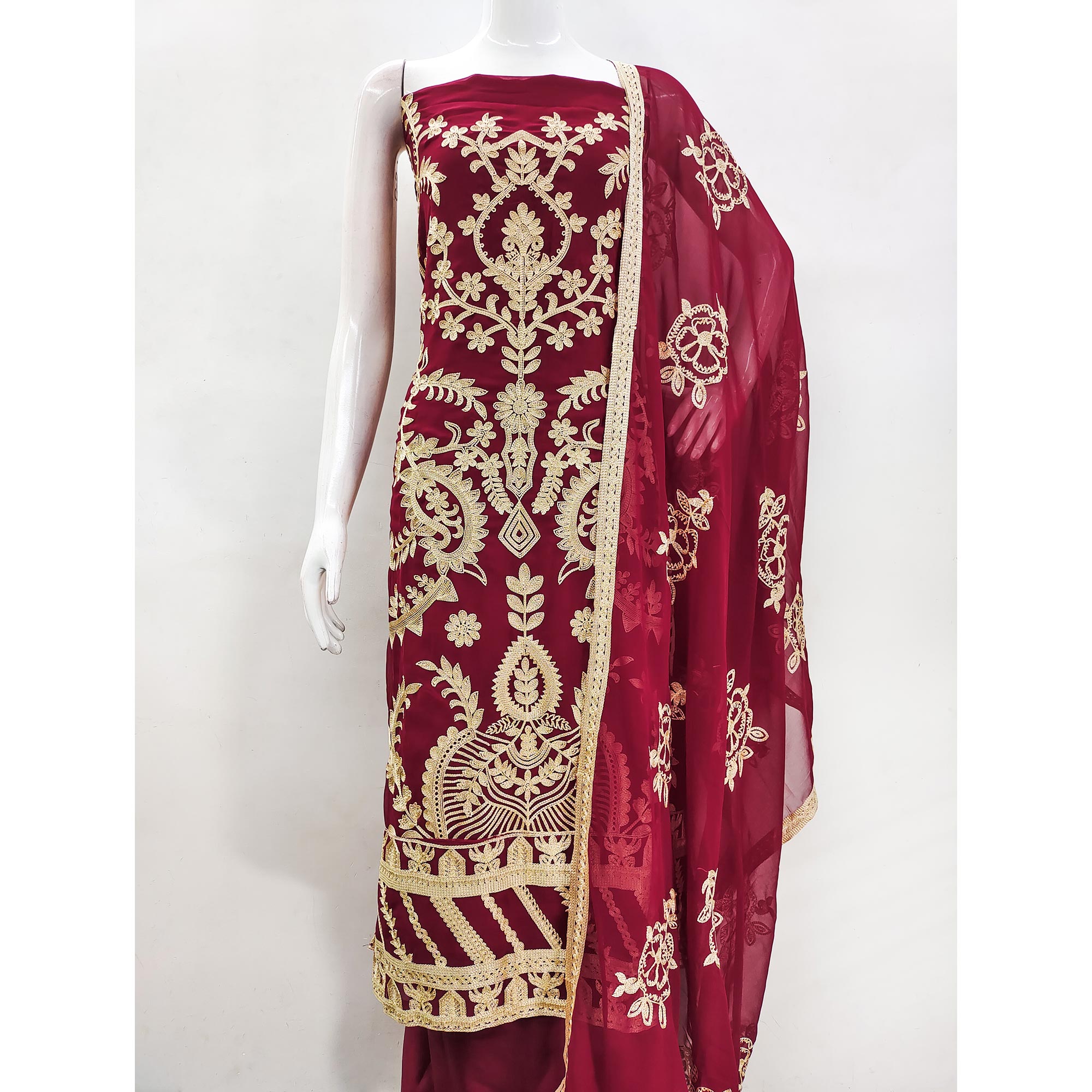 Maroon Floral Embroidered Georgette Dress Material