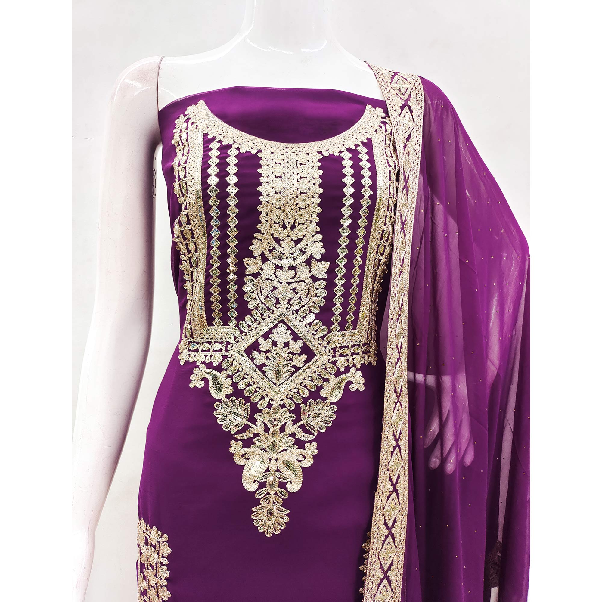 Purple Floral Sequins Embroidered Georgette Dress Material