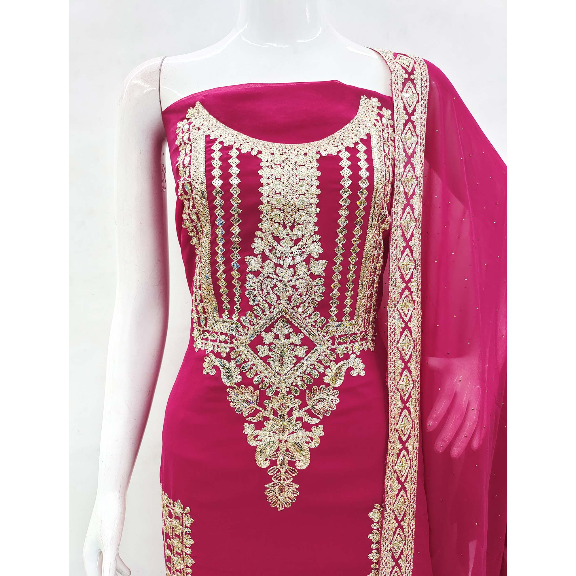 Rani Pink Floral Sequins Embroidered Georgette Dress Material