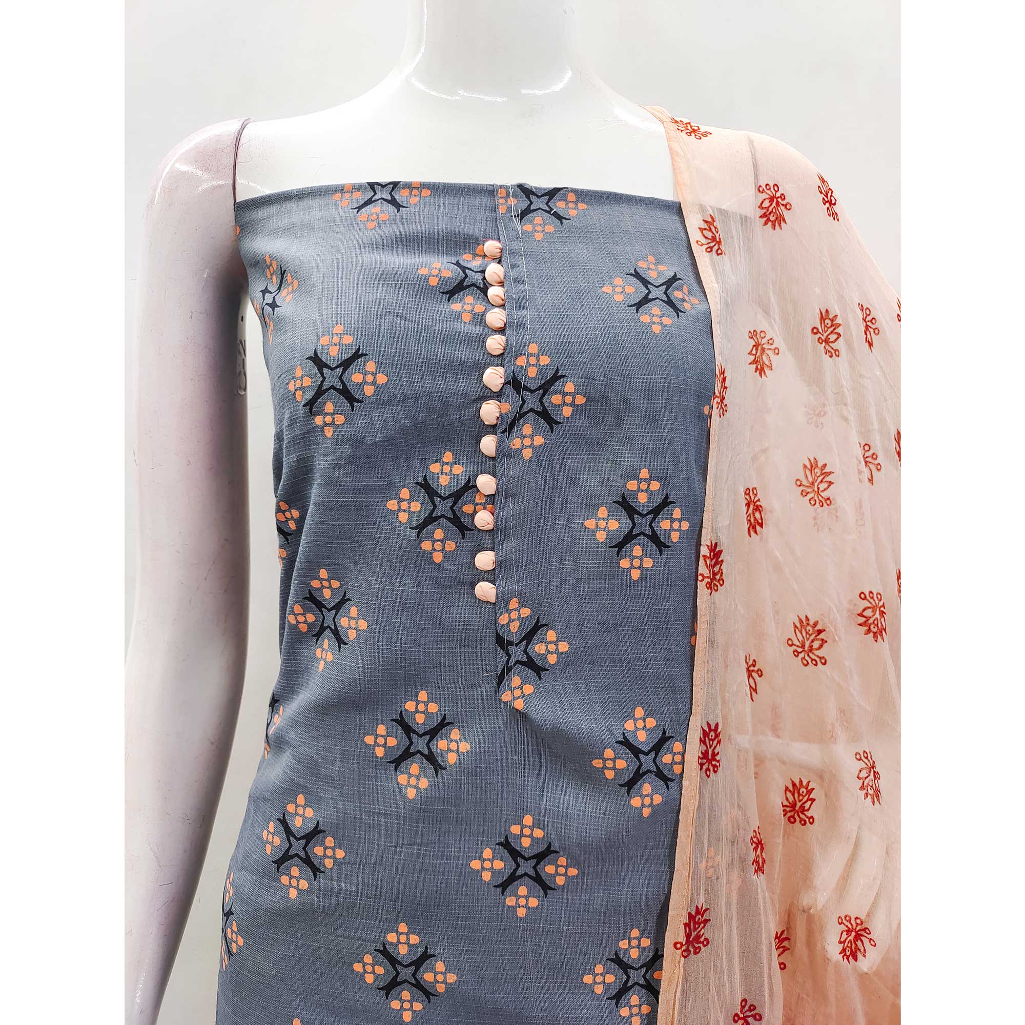Grey & Peach Floral Printed Cotton Blend Dress Material