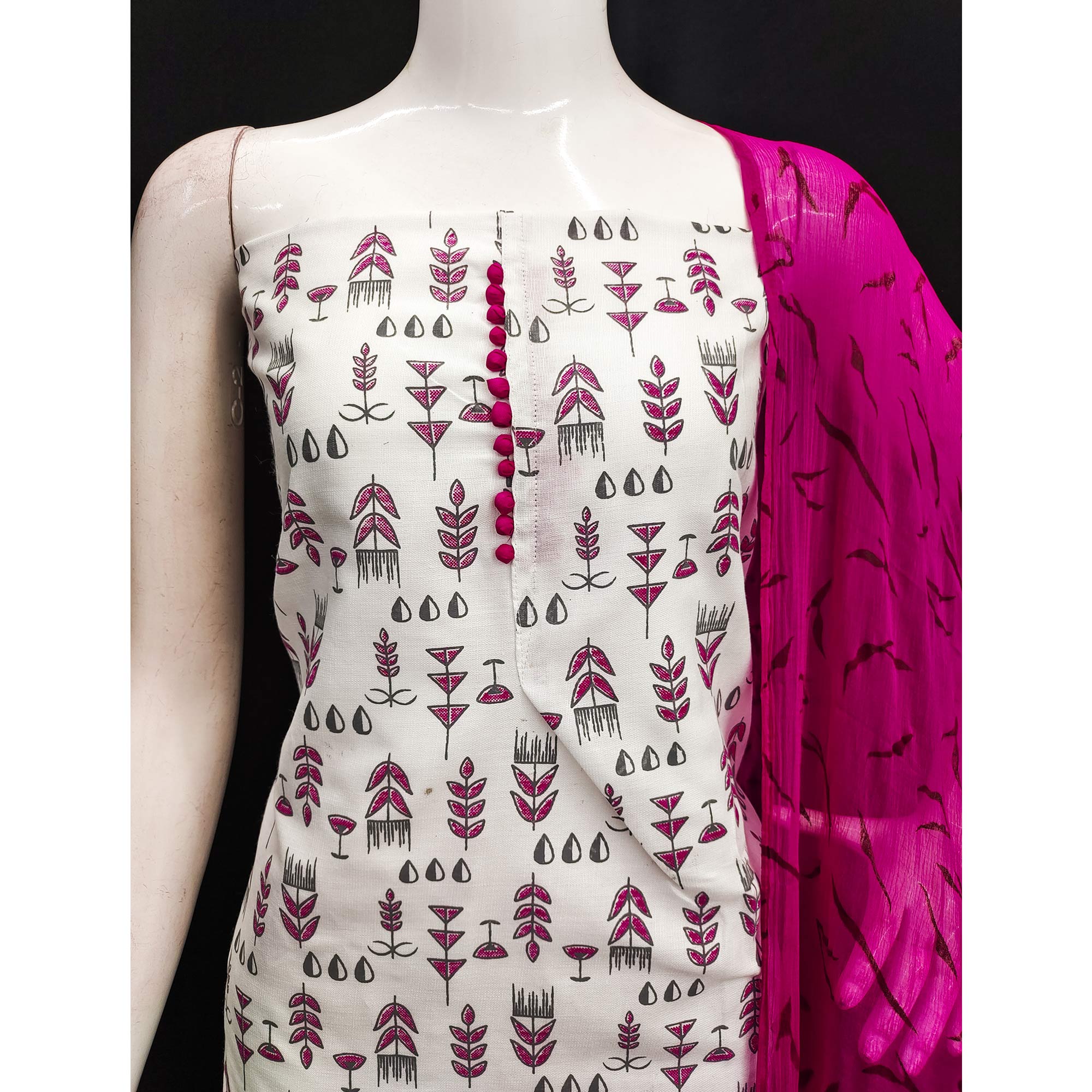 White & Rani Pink Floral Printed Cotton Blend Dress Material