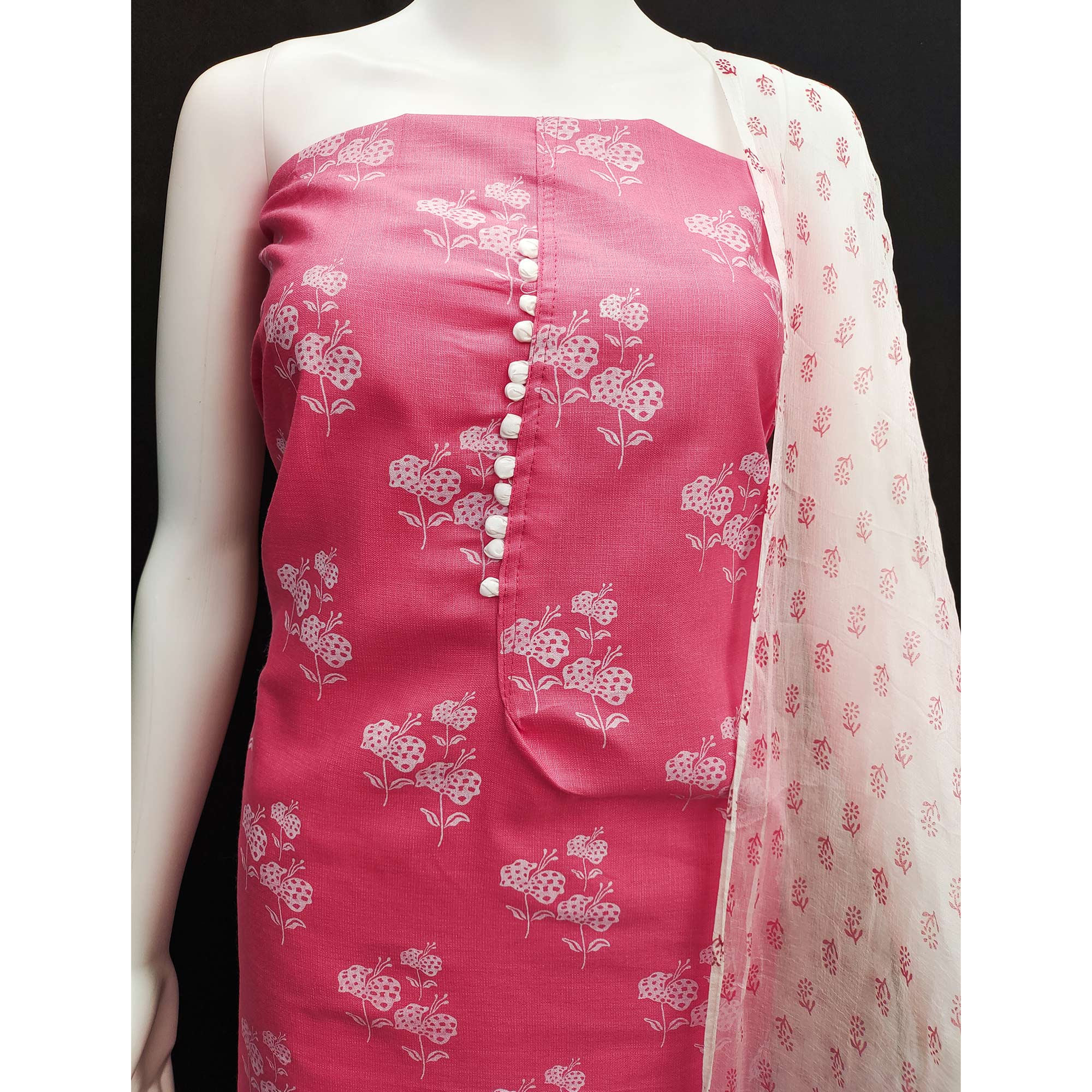 Pink Cotton Blend Floral Printed Dress Material