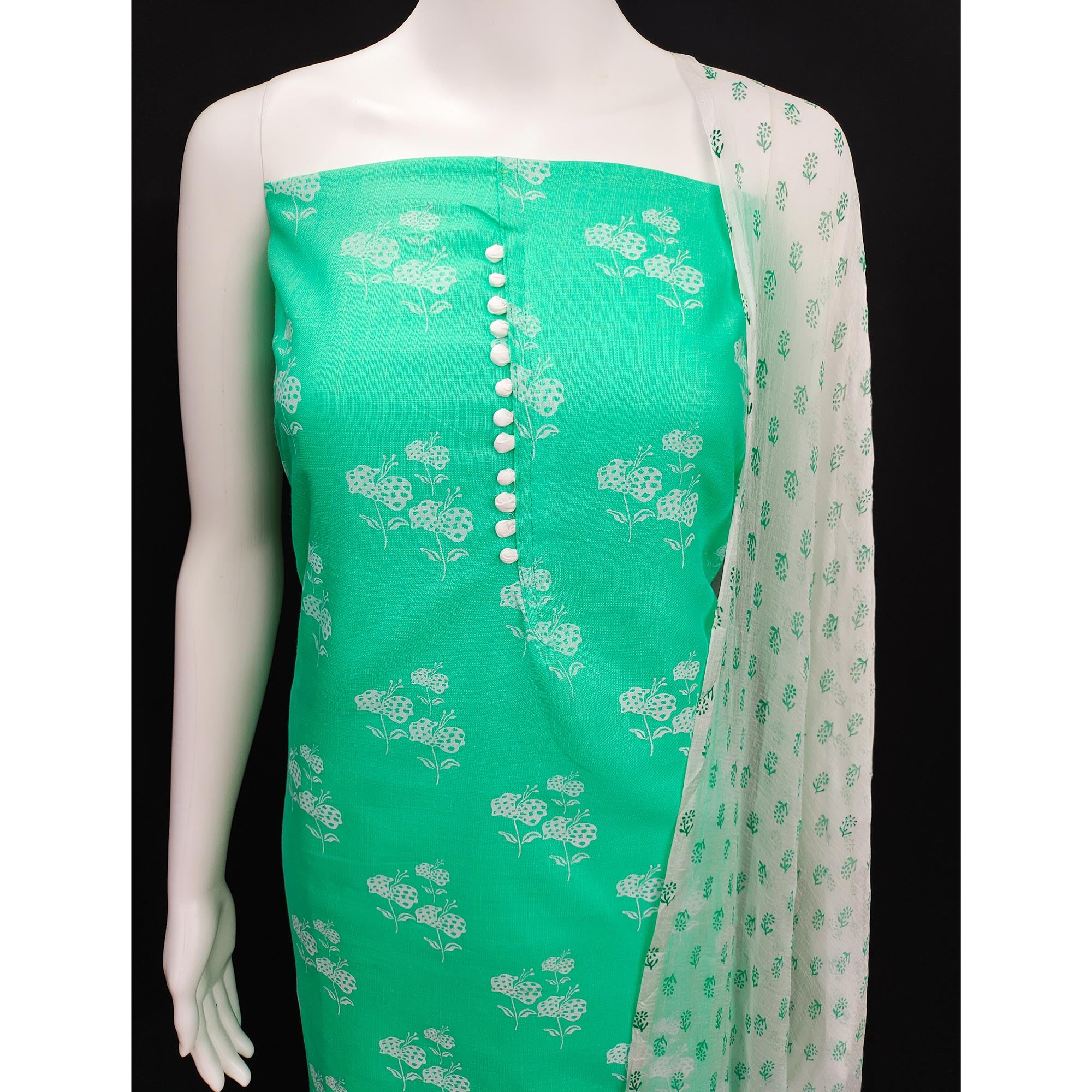 Turquoise Cotton Blend Floral Printed Dress Material