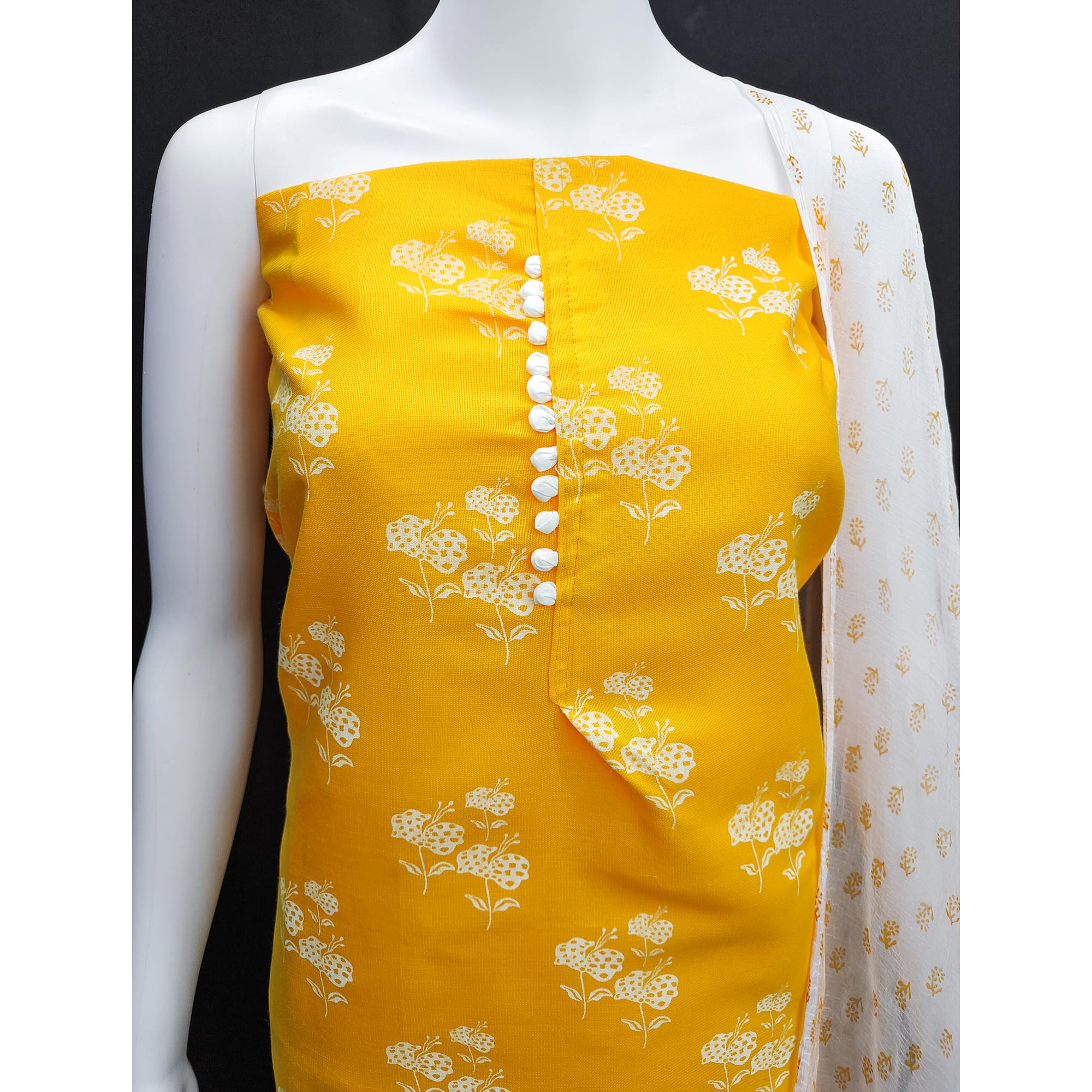 Yellow Cotton Blend Floral Printed Dress Material