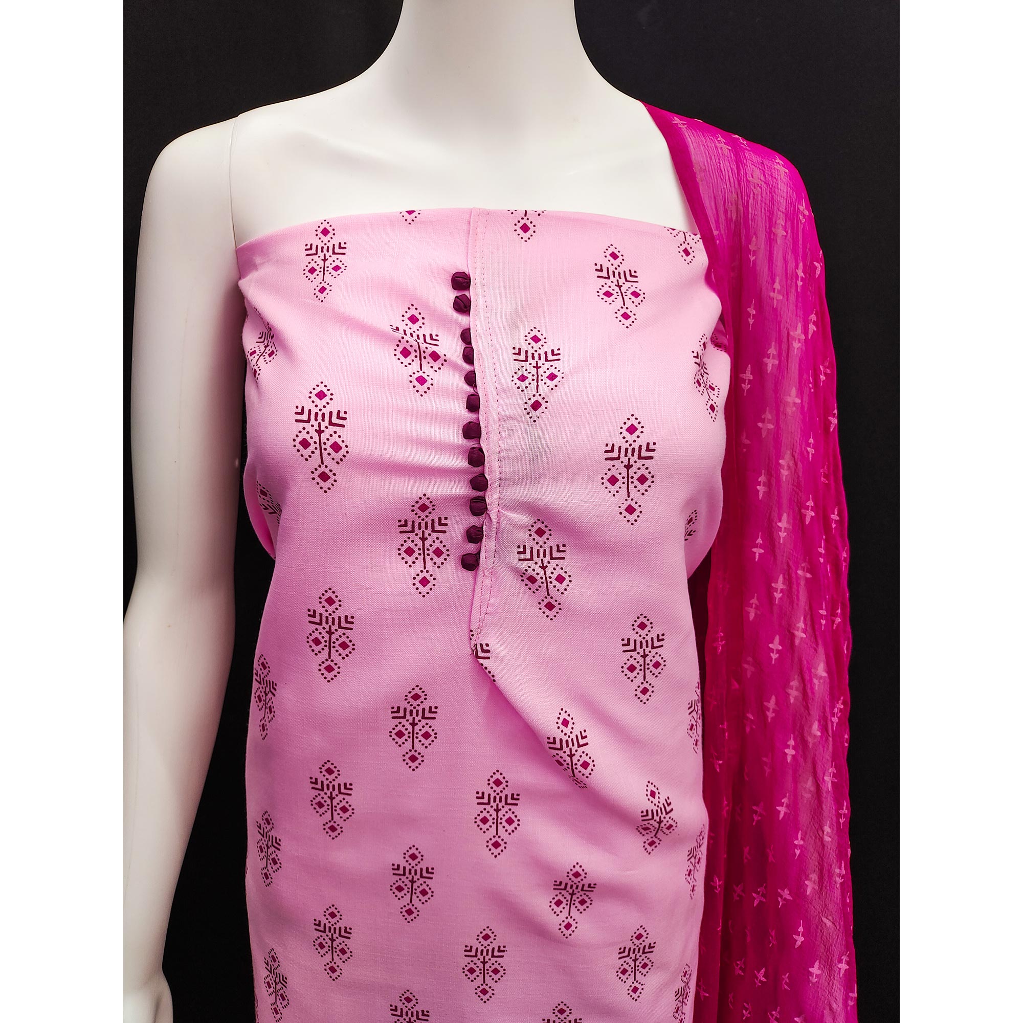 Pink Floral Printed Cotton Blend Dress Material