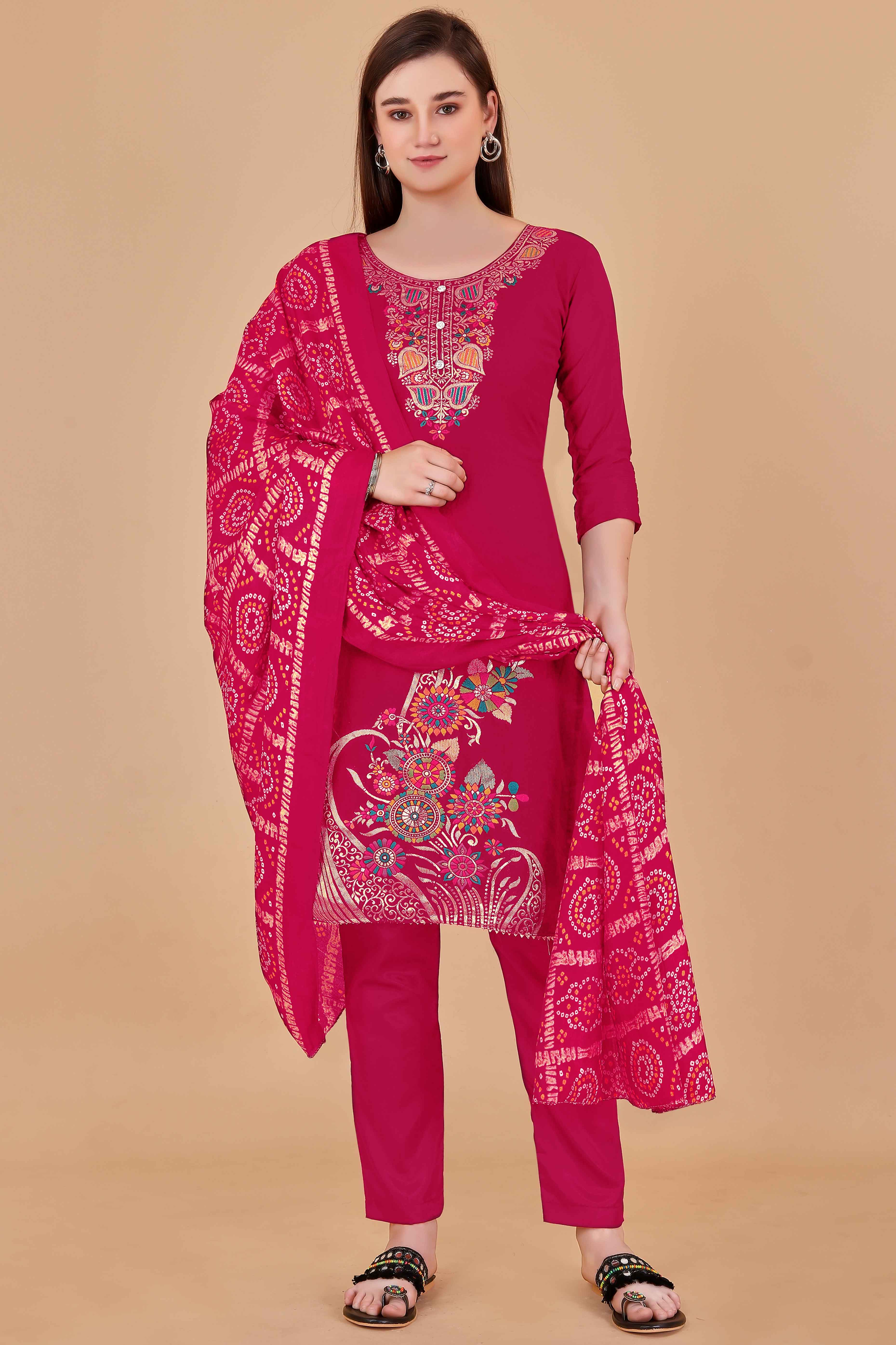 Rani Pink Floral Woven Chanderi Jacquard Dress Material