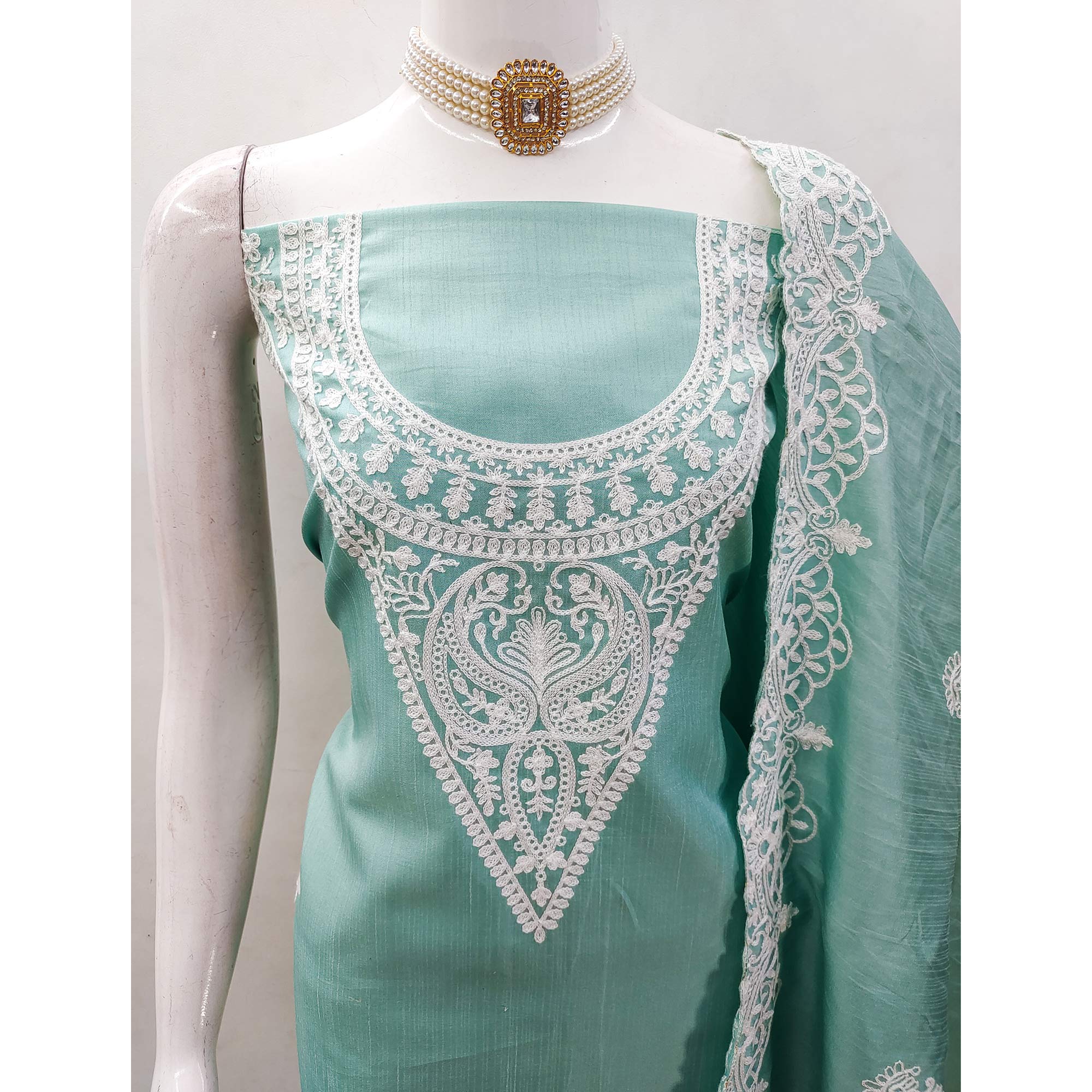 Turquoise Paisley Floral Embroidered Art Silk Dress Material