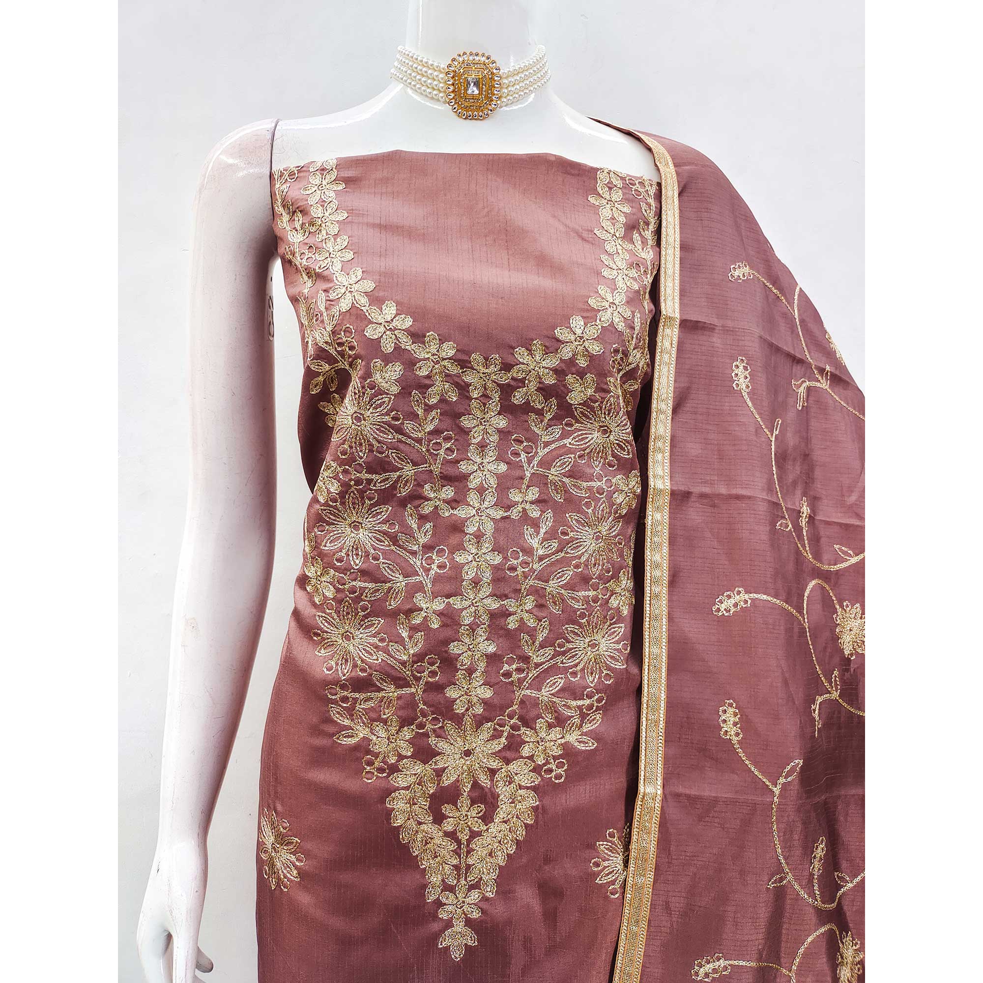 Dusty Rose Pink Floral Embroidered Art Silk Dress Material