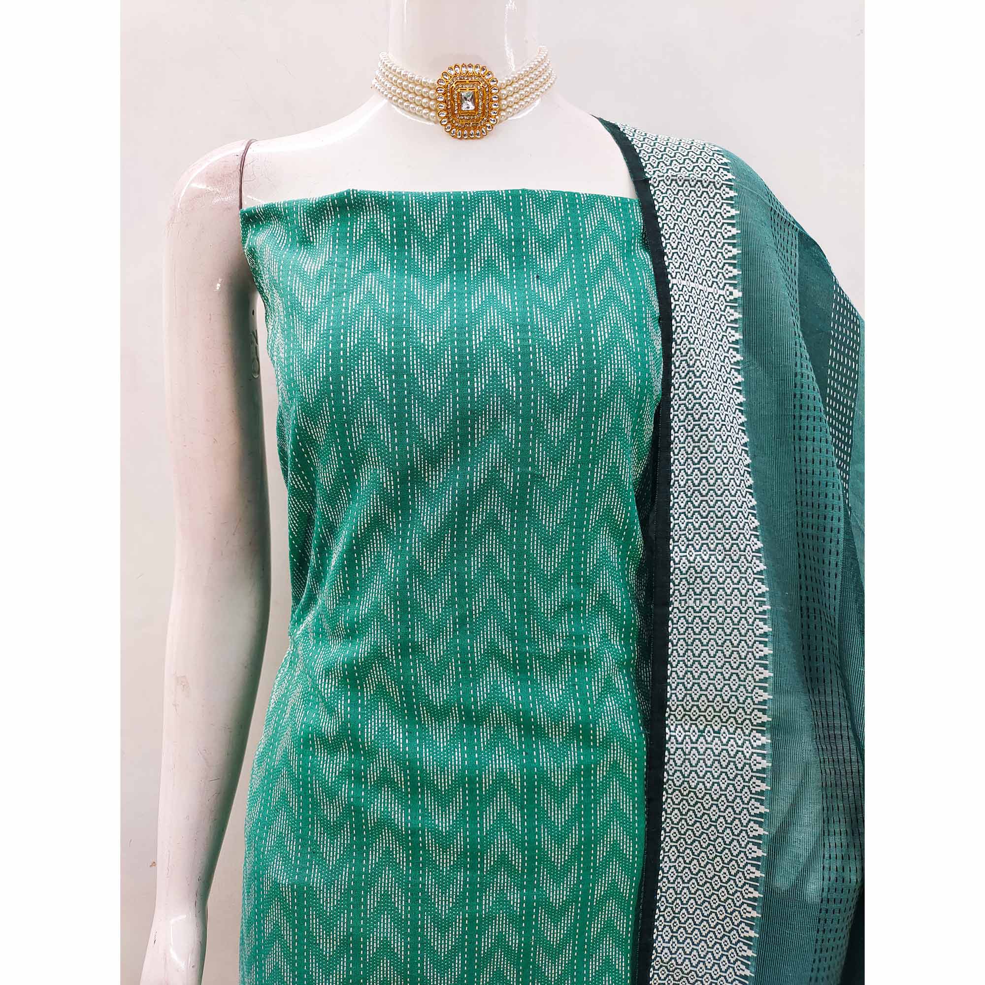 The Perfect Blend Of Grace Rama Green Chevron Woven Pattern Cotton Blend Dress Material