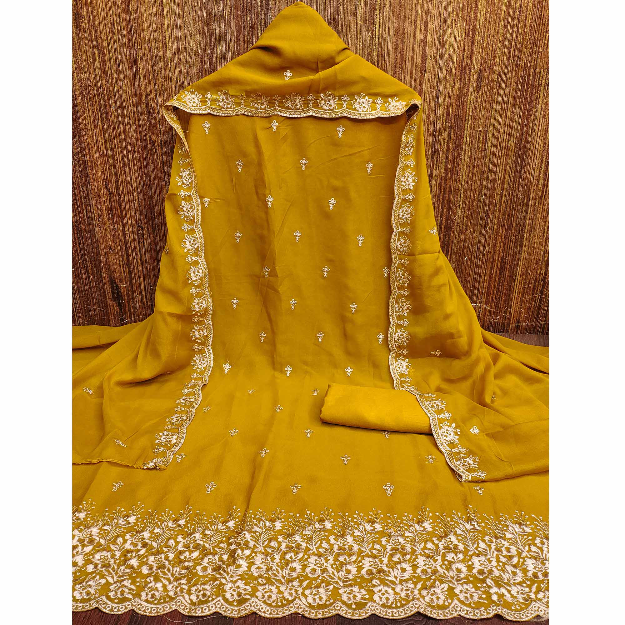Mustard Georgette Dress Material With Delicate Floral Zari Embroidery