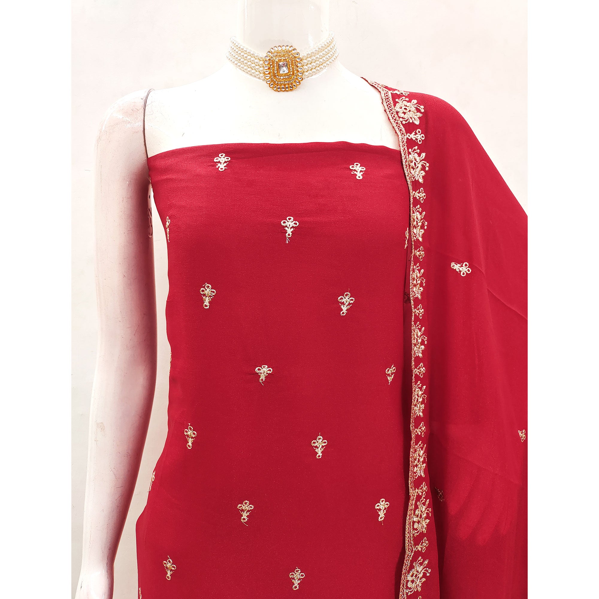 Red Georgette Dress Material With Delicate Floral Zari Embroidery