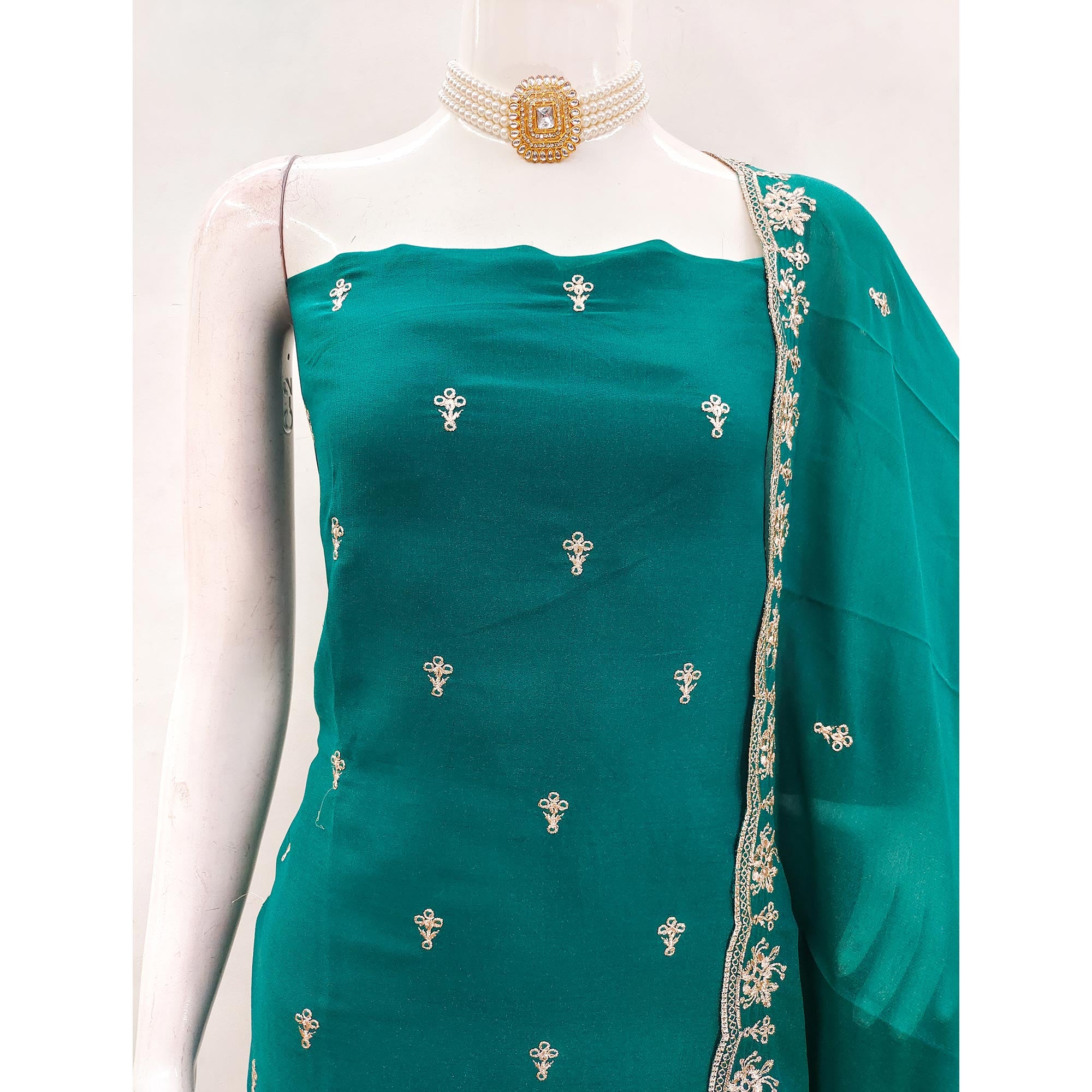 Teal Georgette Dress Material With Delicate Floral Zari Embroidery