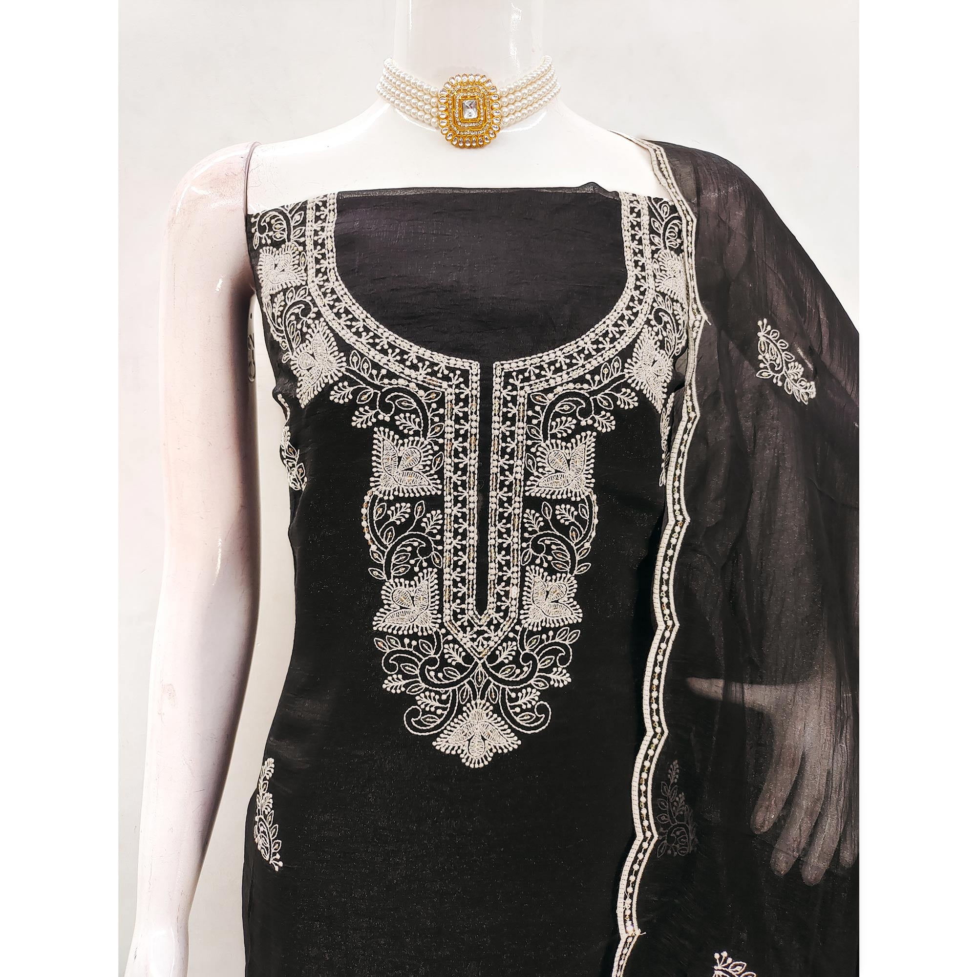 Black Dress Material With Threaded Floral Embroidery & Sequins on Crunchy Silk Georgette