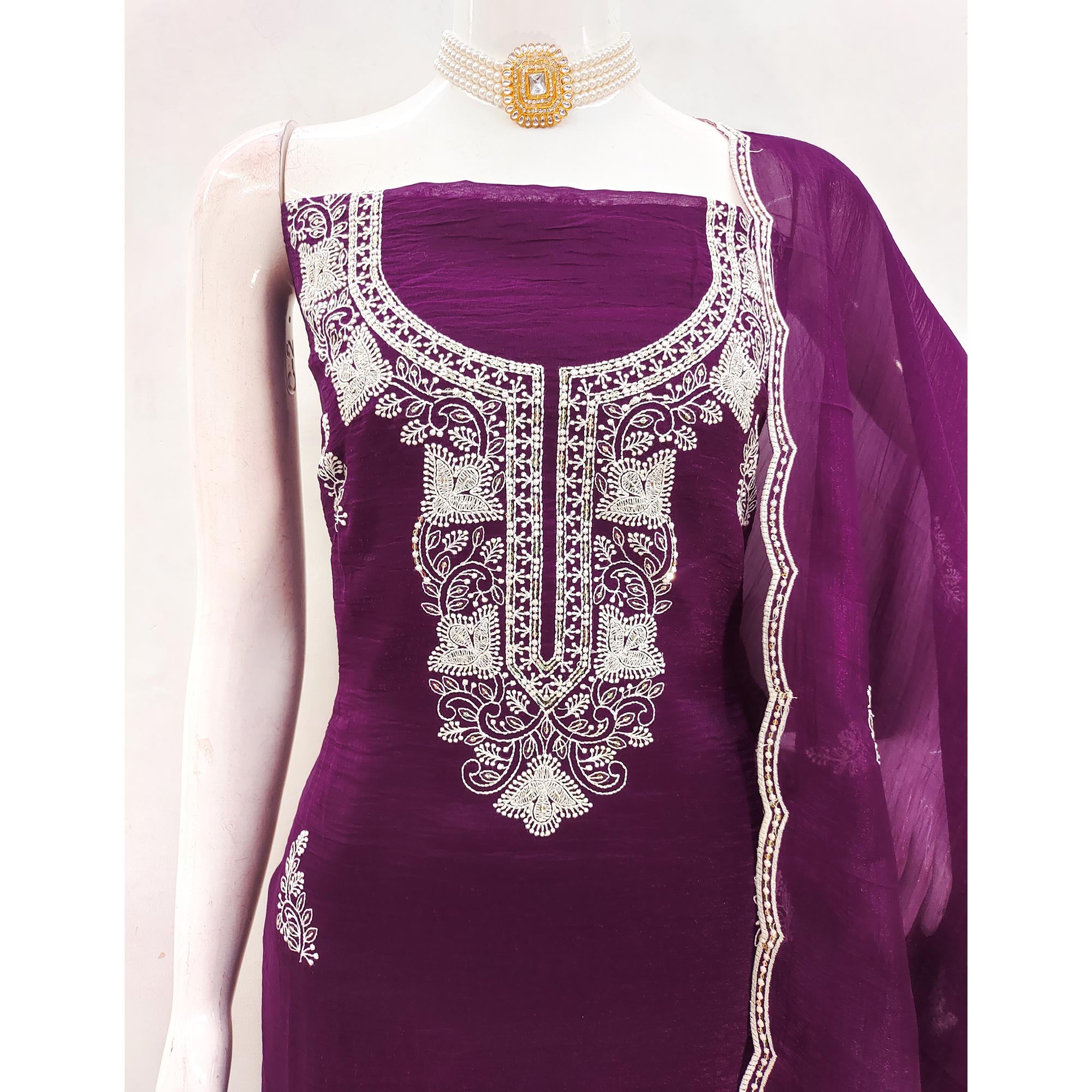 Wine Dress Material With Threaded Floral Embroidery & Sequins on Crunchy Silk Georgette