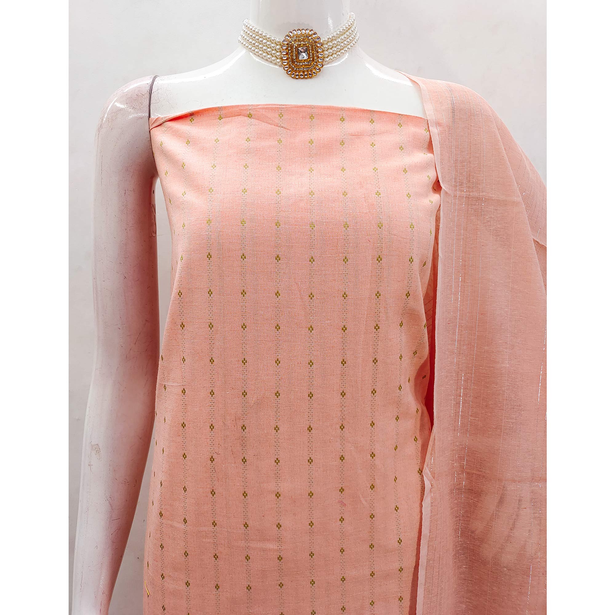 Vibrant Peach Woven Poly Cotton Blend Dress Material