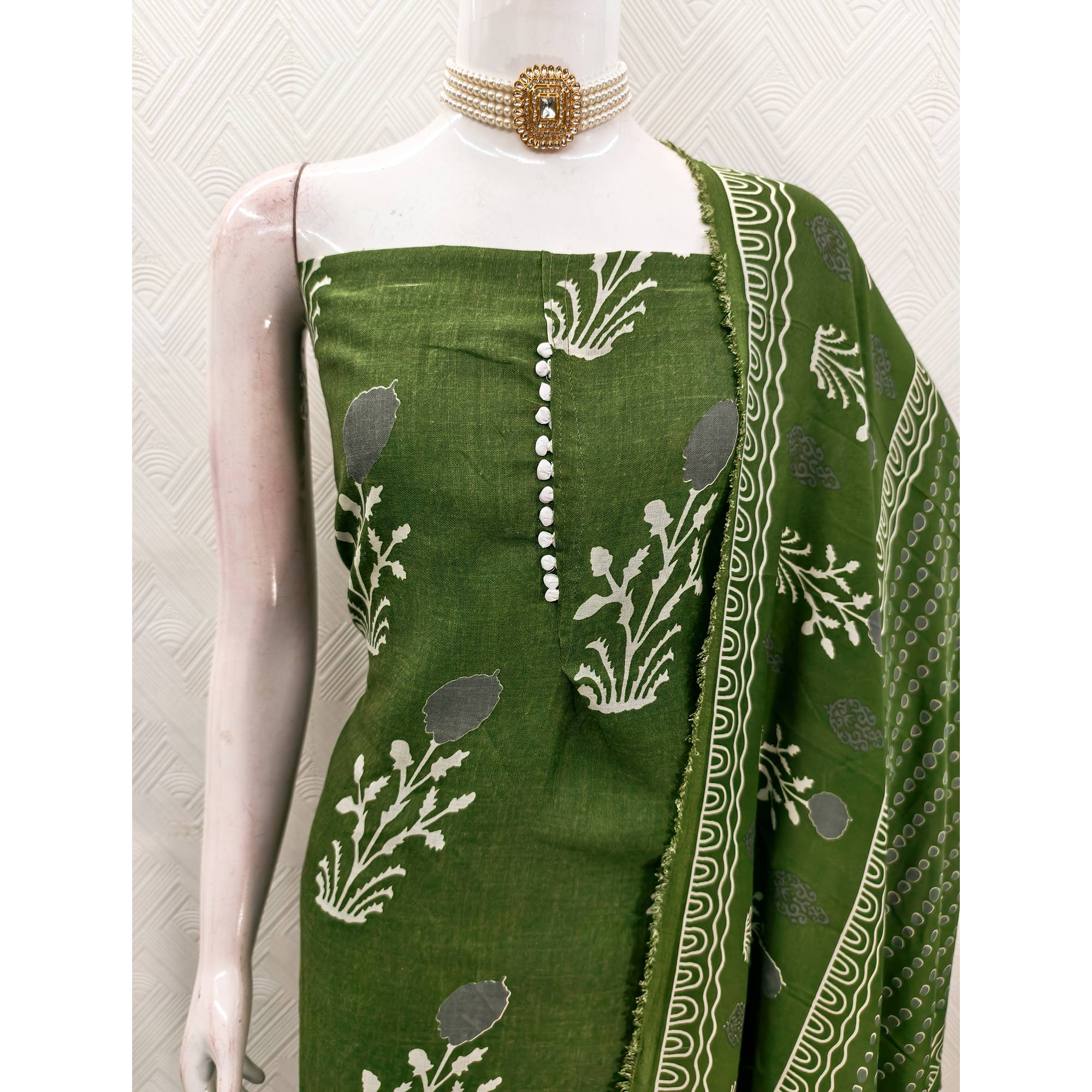 Green Cotton Blend Dress Material Designed With Beautiful Floral Prints