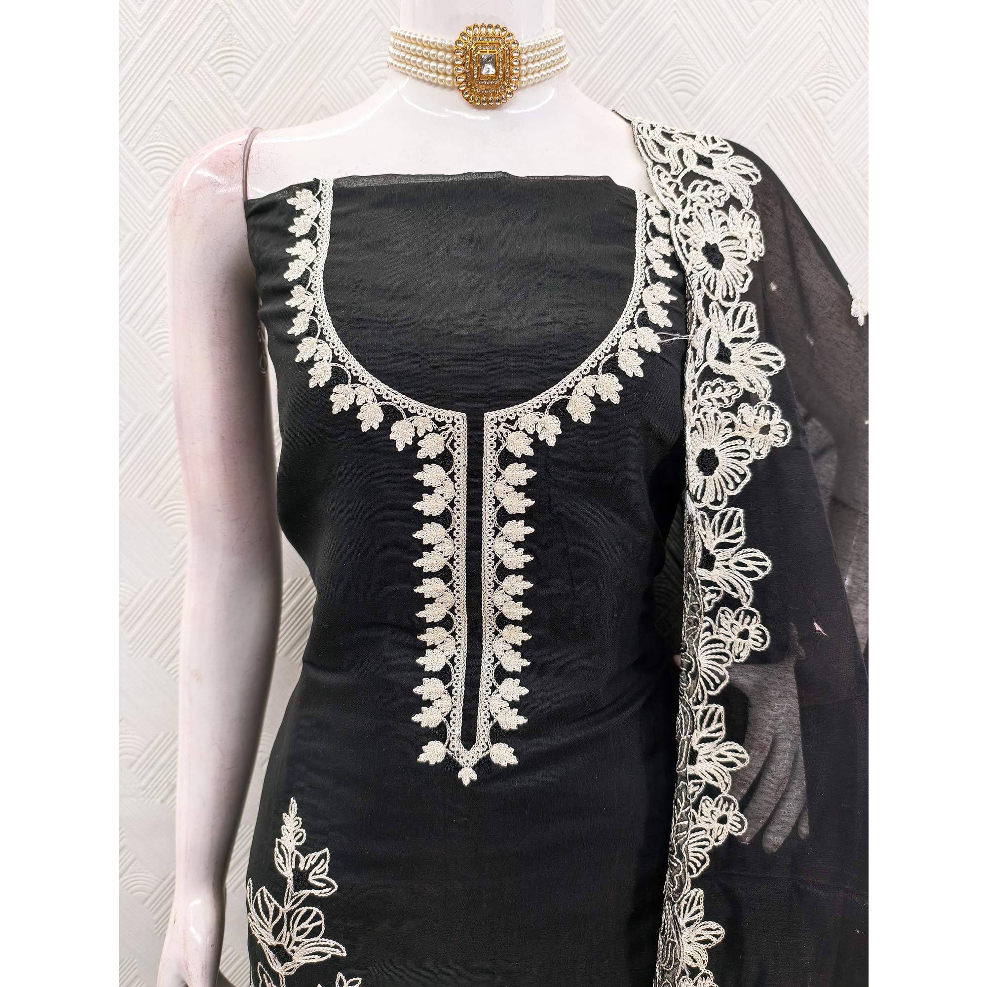 Black Chanderi Silk Dress Material Enhanced With Floral Thread Embroidered Work