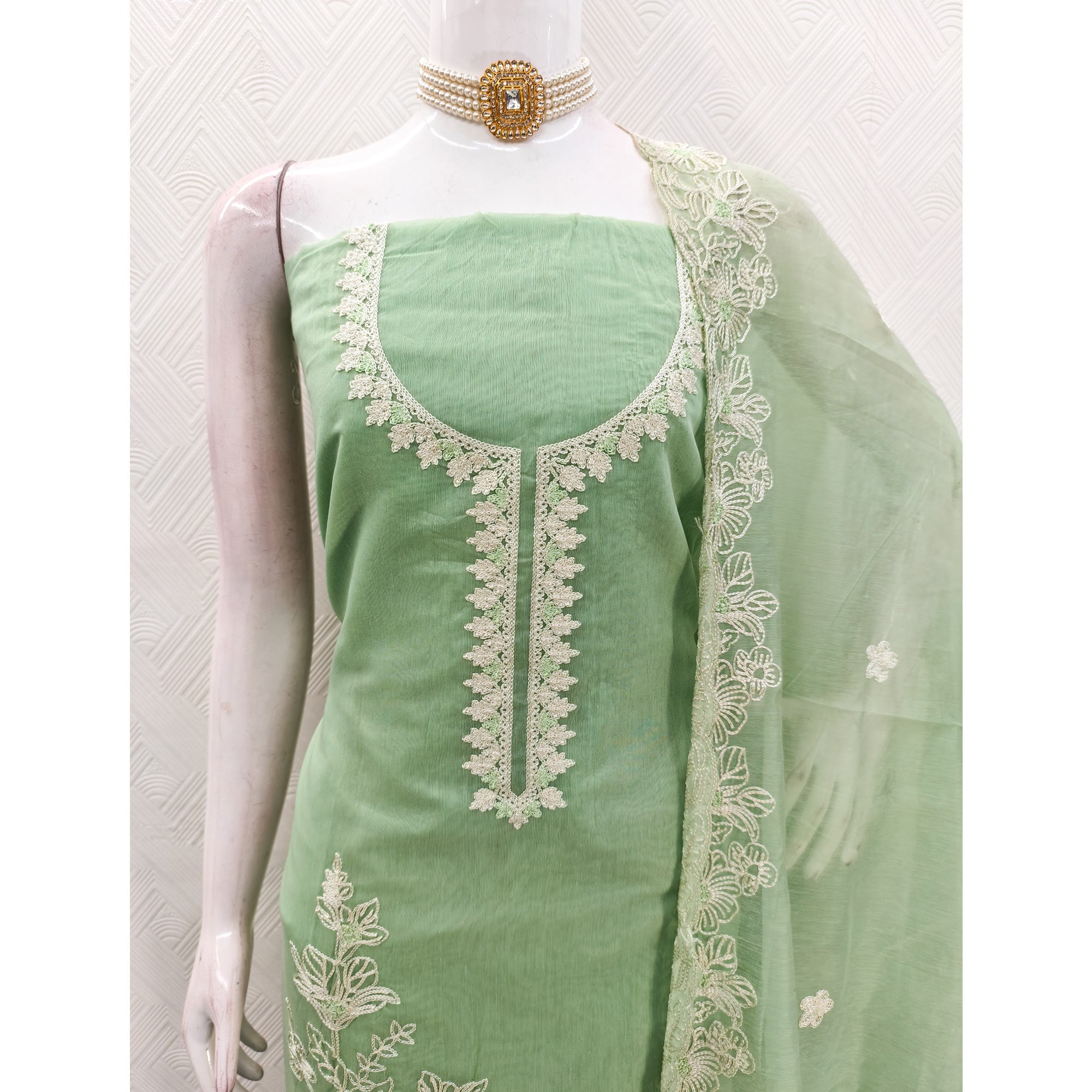 Green Chanderi Silk Dress Material Enhanced With Floral Thread Embroidered Work