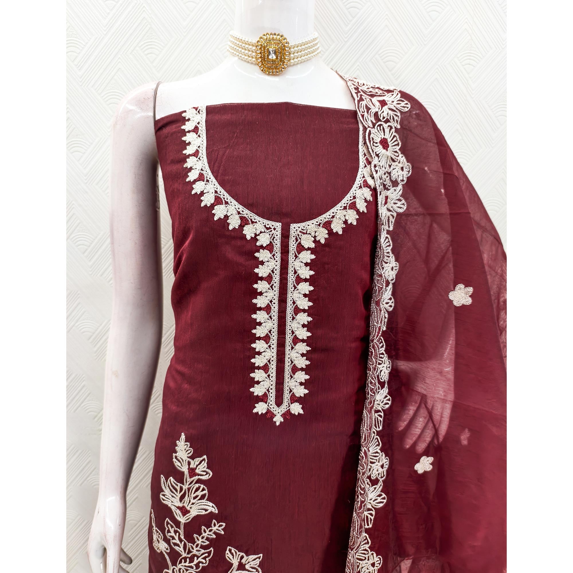 Maroon Chanderi Silk Dress Material Enhanced With Floral Thread Embroidered Work