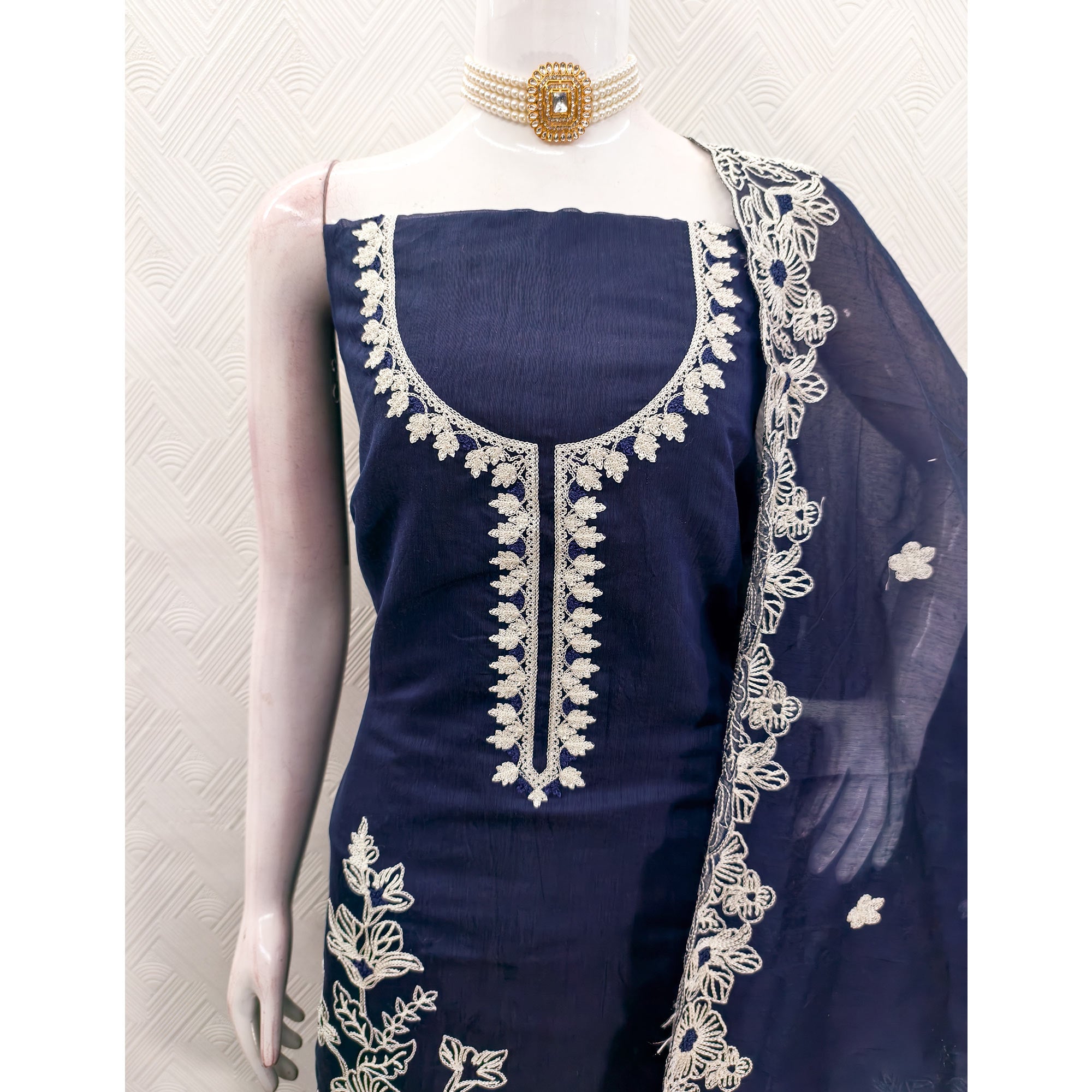 Navy Blue Chanderi Silk Dress Material Enhanced With Floral Thread Embroidered Work