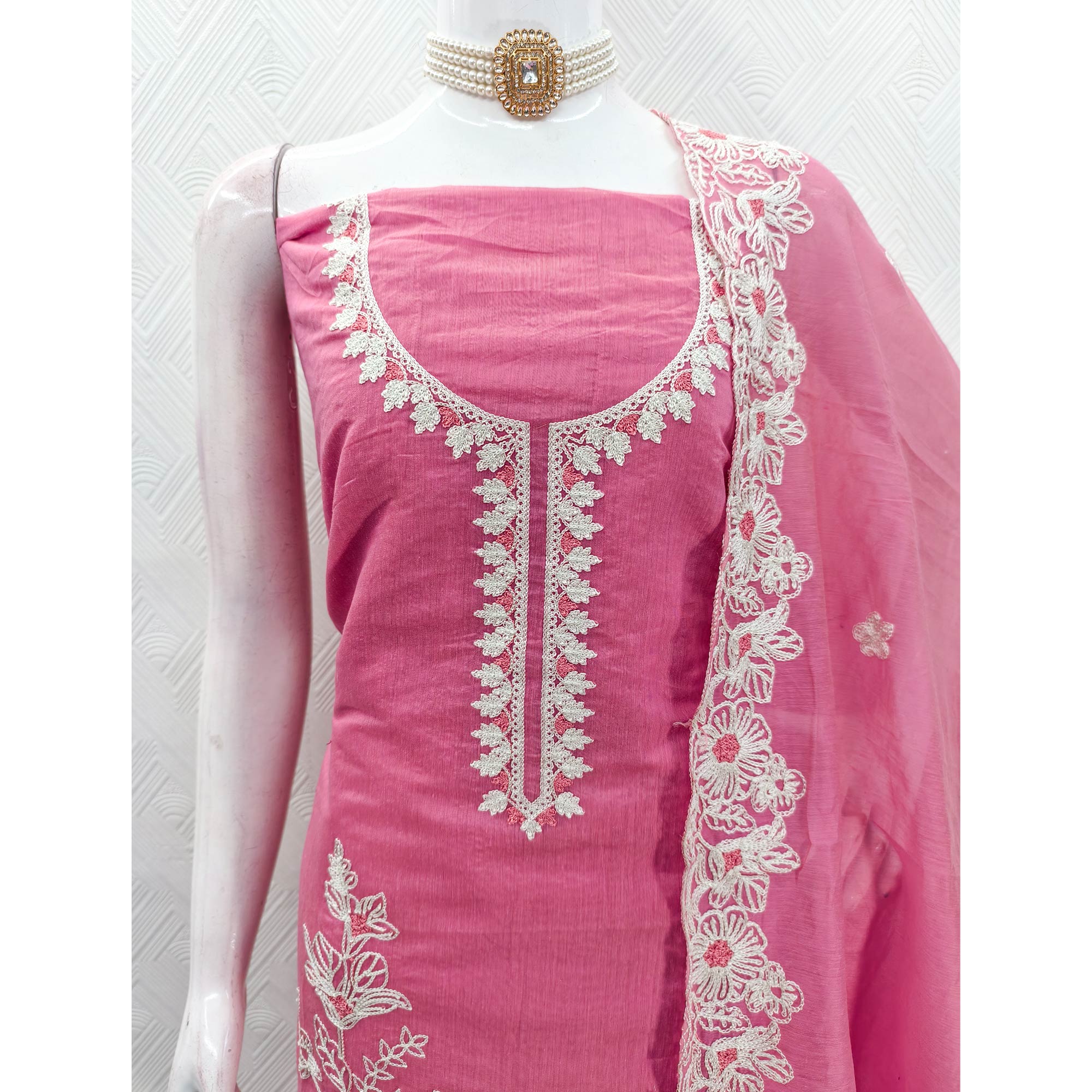 Pink Chanderi Silk Dress Material Enhanced With Floral Thread Embroidered Work