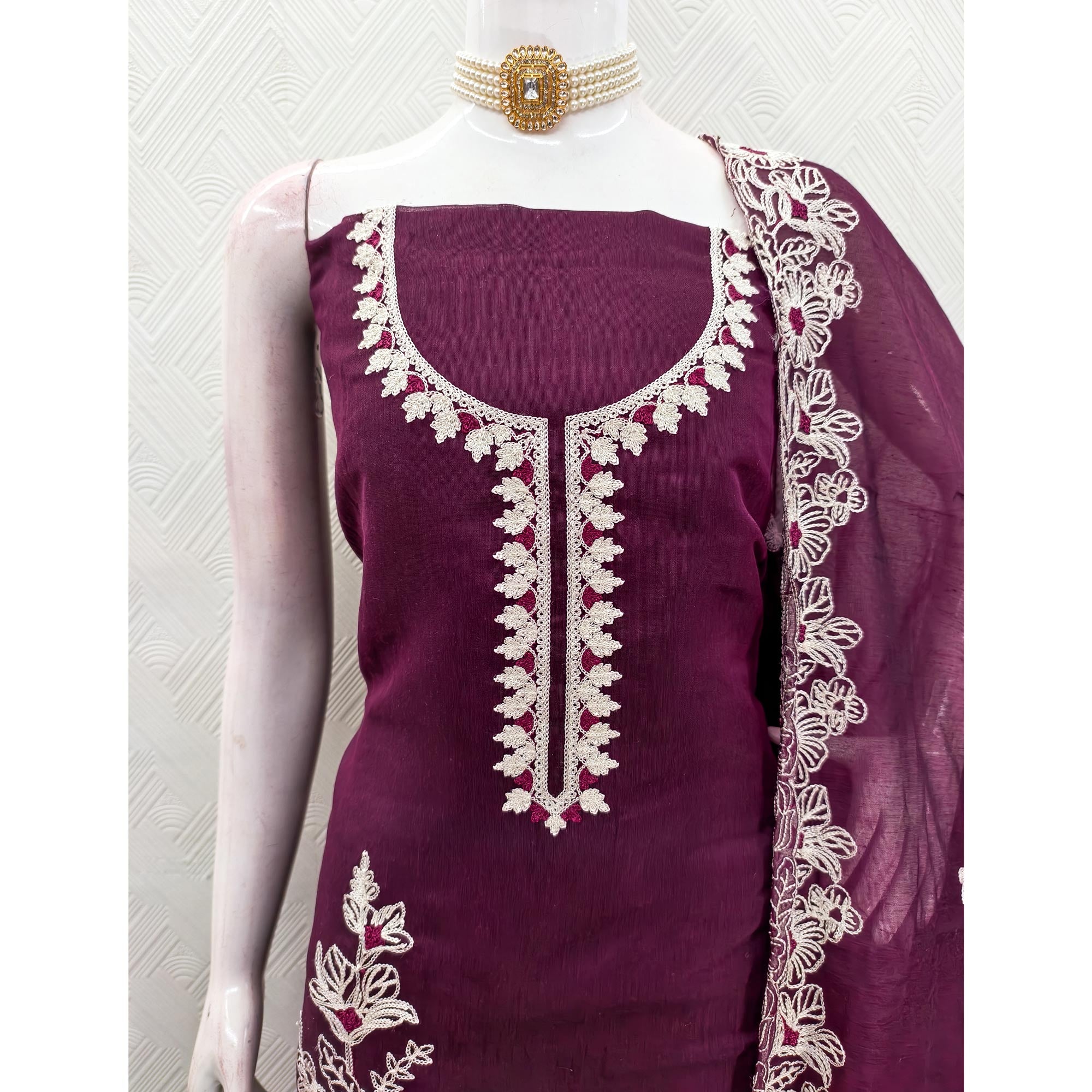 Purple Chanderi Silk Dress Material Enhanced With Floral Thread Embroidered Work
