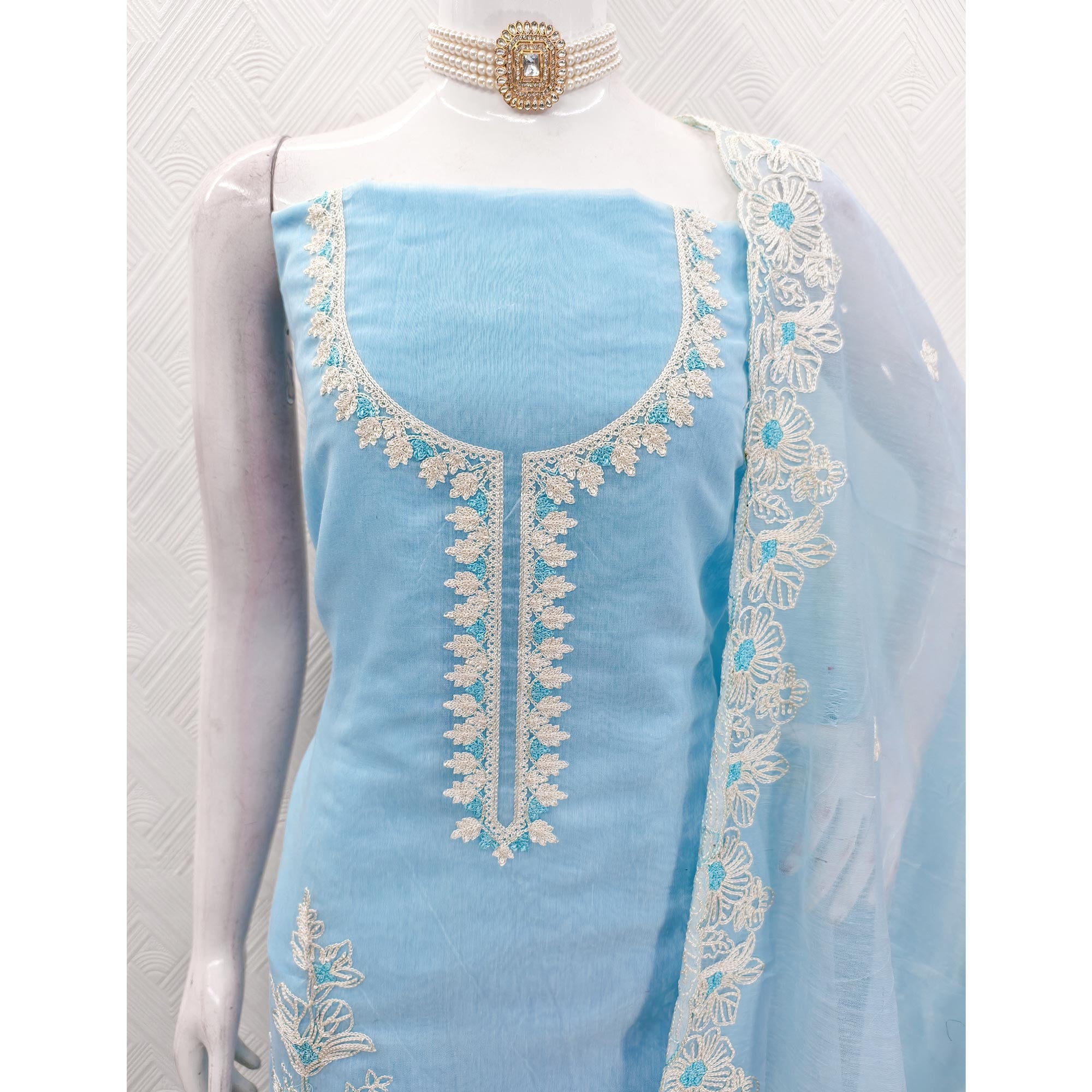 Sky Blue Chanderi Silk Dress Material Enhanced With Floral Thread Embroidered Work