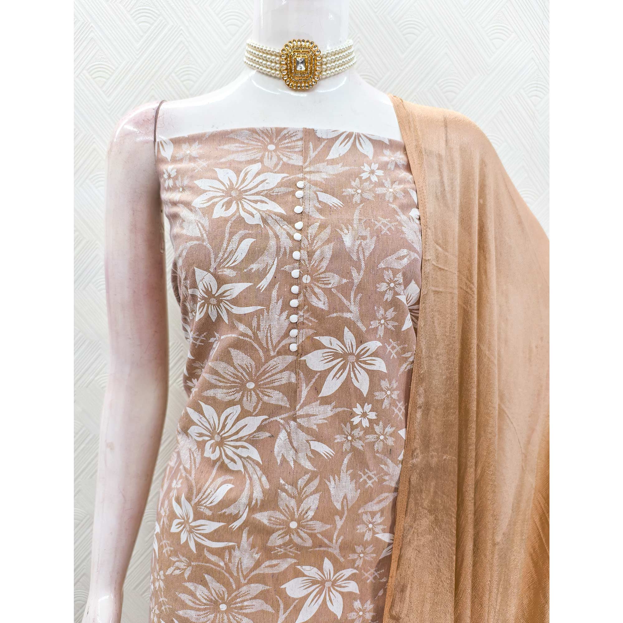 Brown Cotton Blend Dress Material Adorned With Floral Printed Work