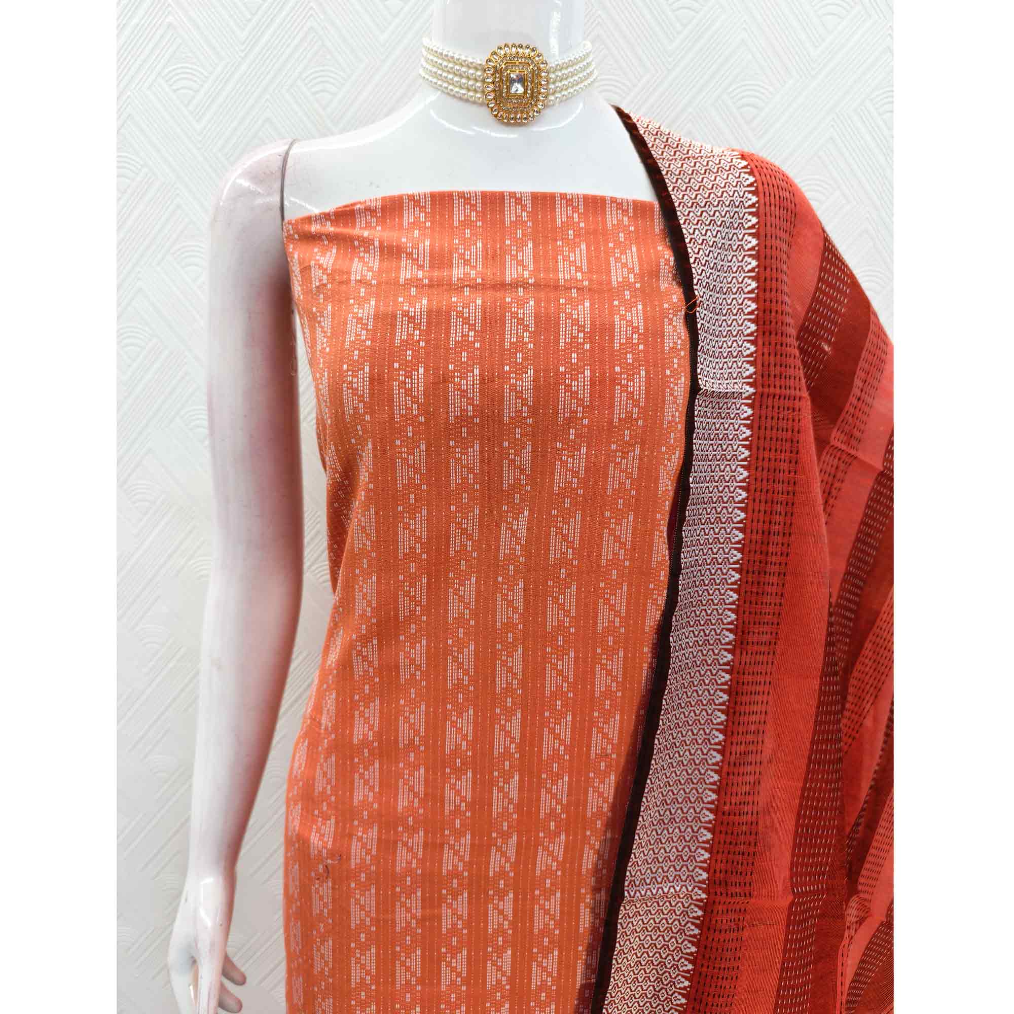 Orange Poly Cotton Blend Dress Material With Striped Pattern Weaving Work