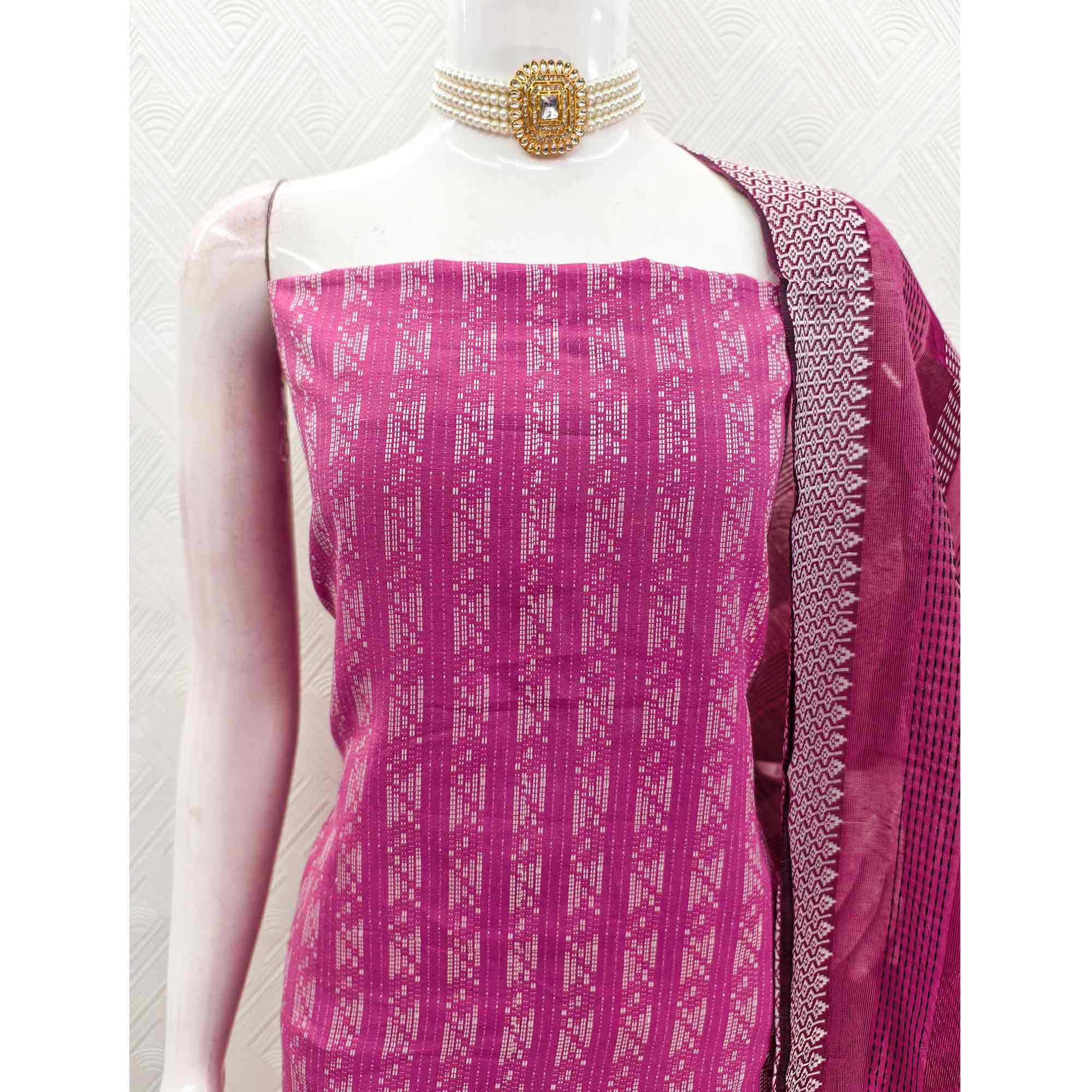 Pink Poly Cotton Blend Dress Material With Striped Pattern Weaving Work
