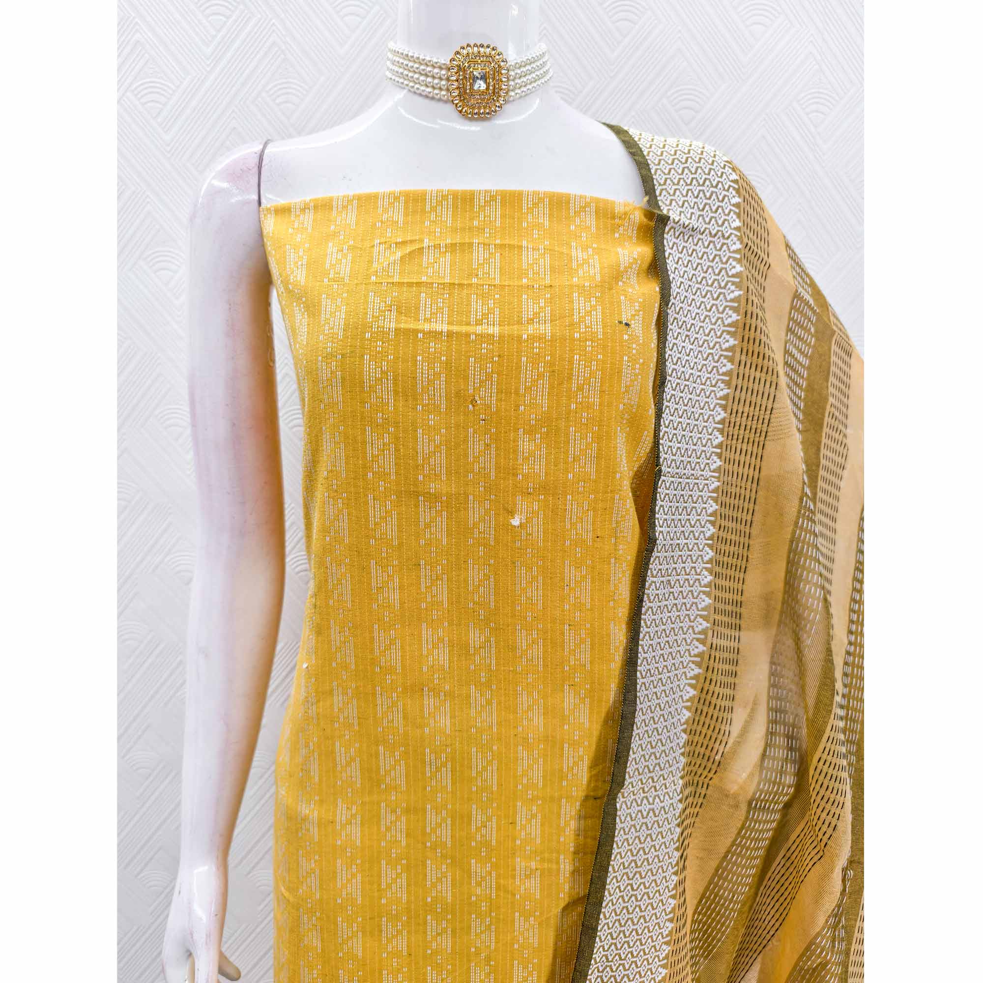 Yellow Poly Cotton Blend Dress Material With Striped Pattern Weaving Work
