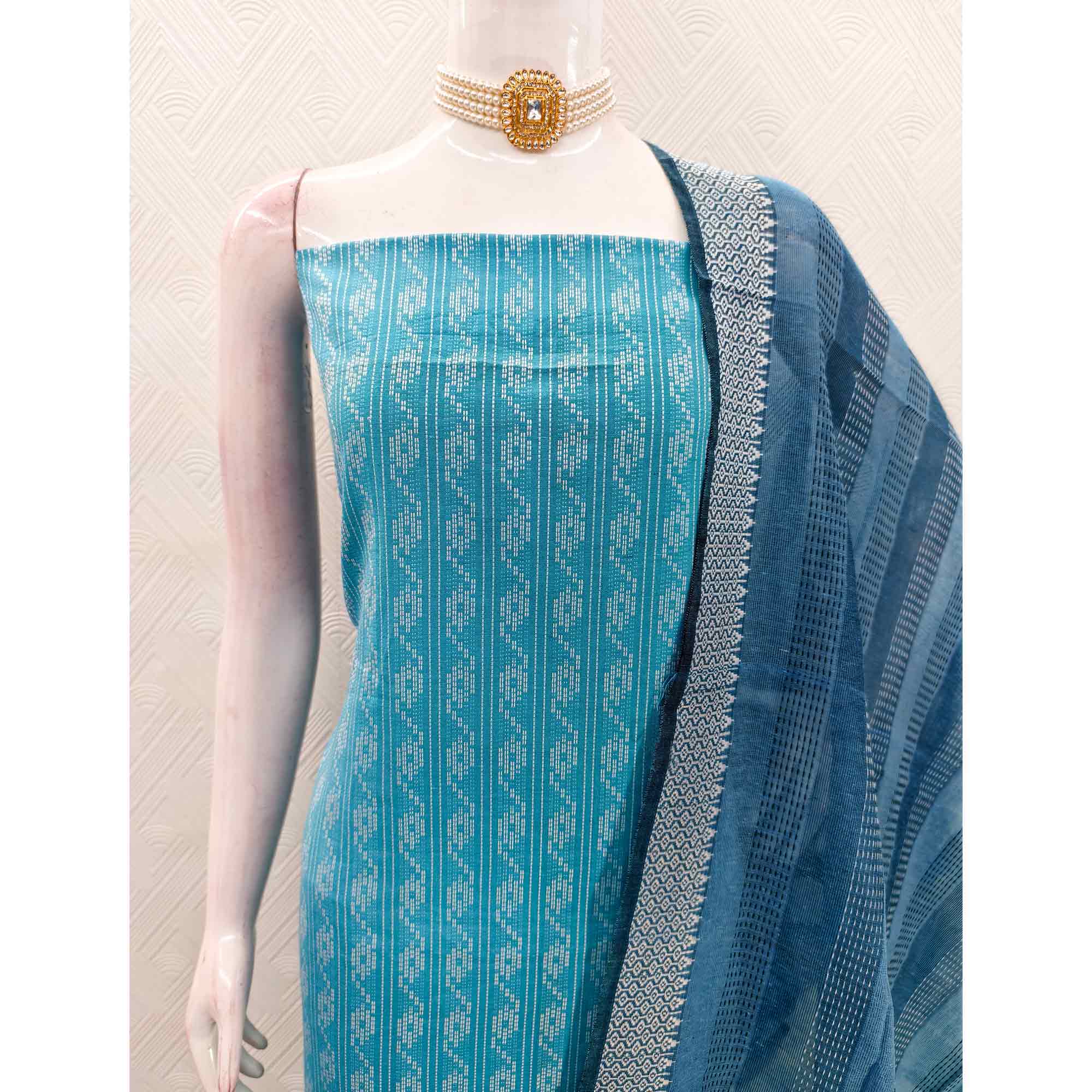 Blue Poly Cotton Blend Dress Material With Striped Pattern Weaving Work