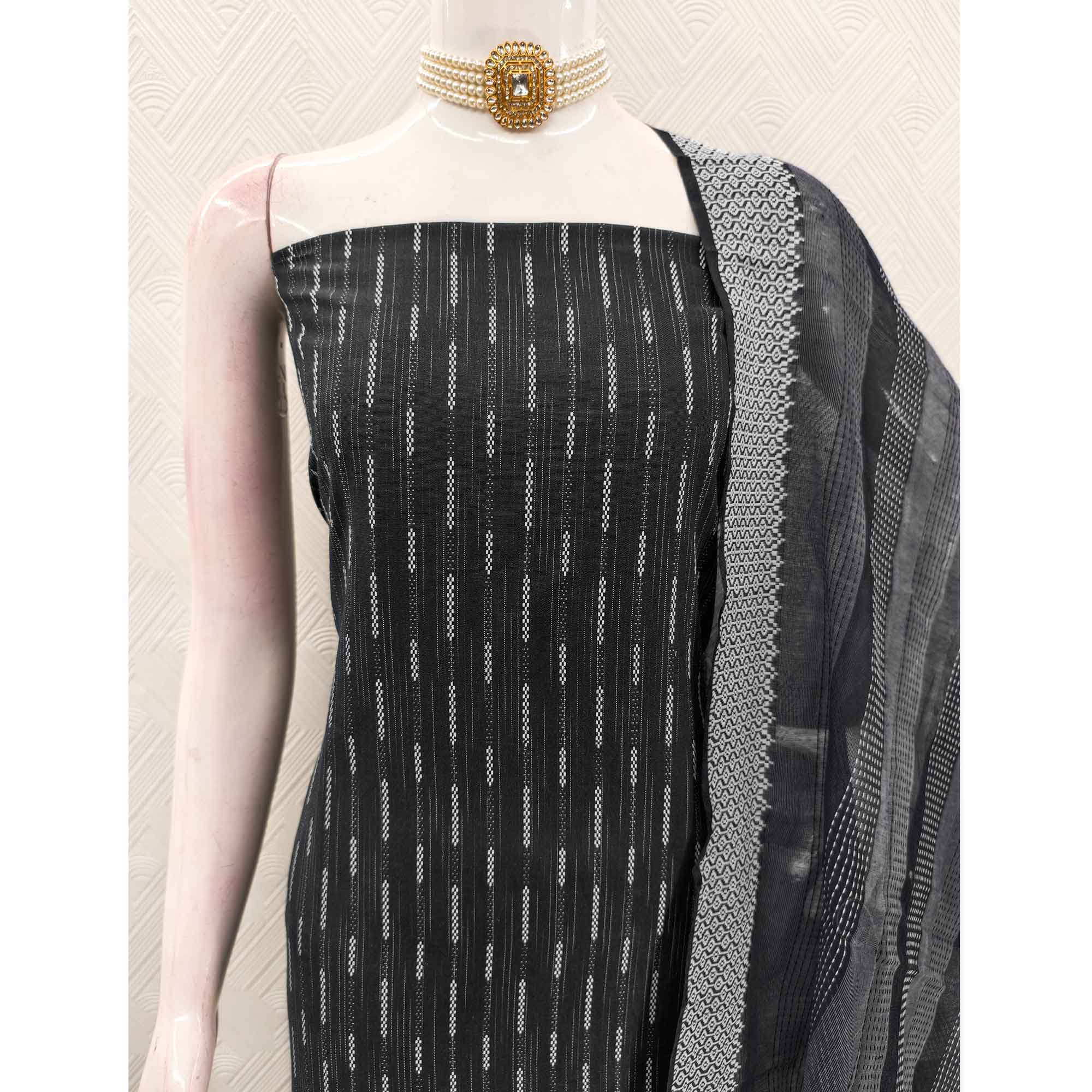 Black Poly Cotton Blend Dress Material Adorned With Striped Weaving Work