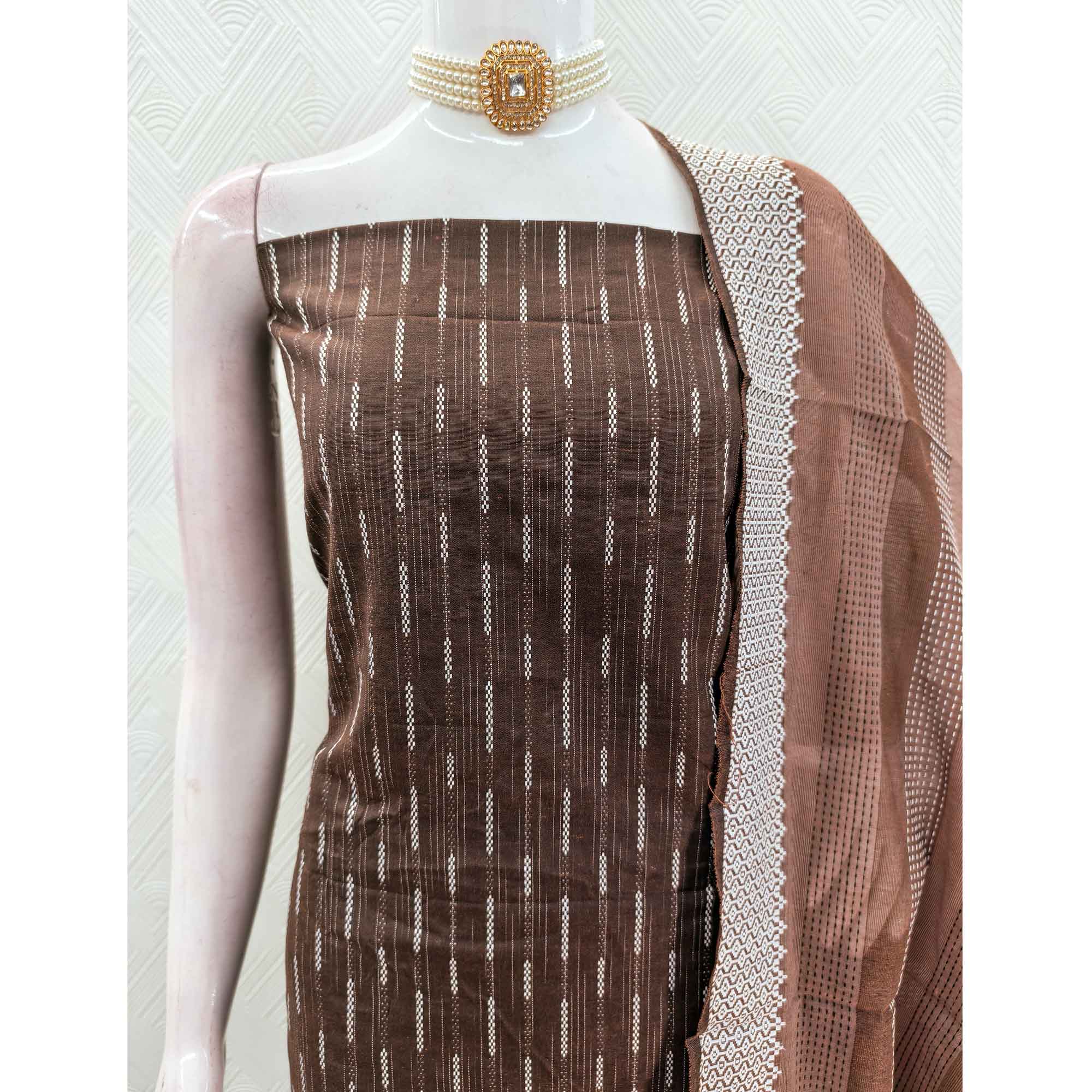 Brown Poly Cotton Blend Dress Material Adorned With Striped Weaving Work