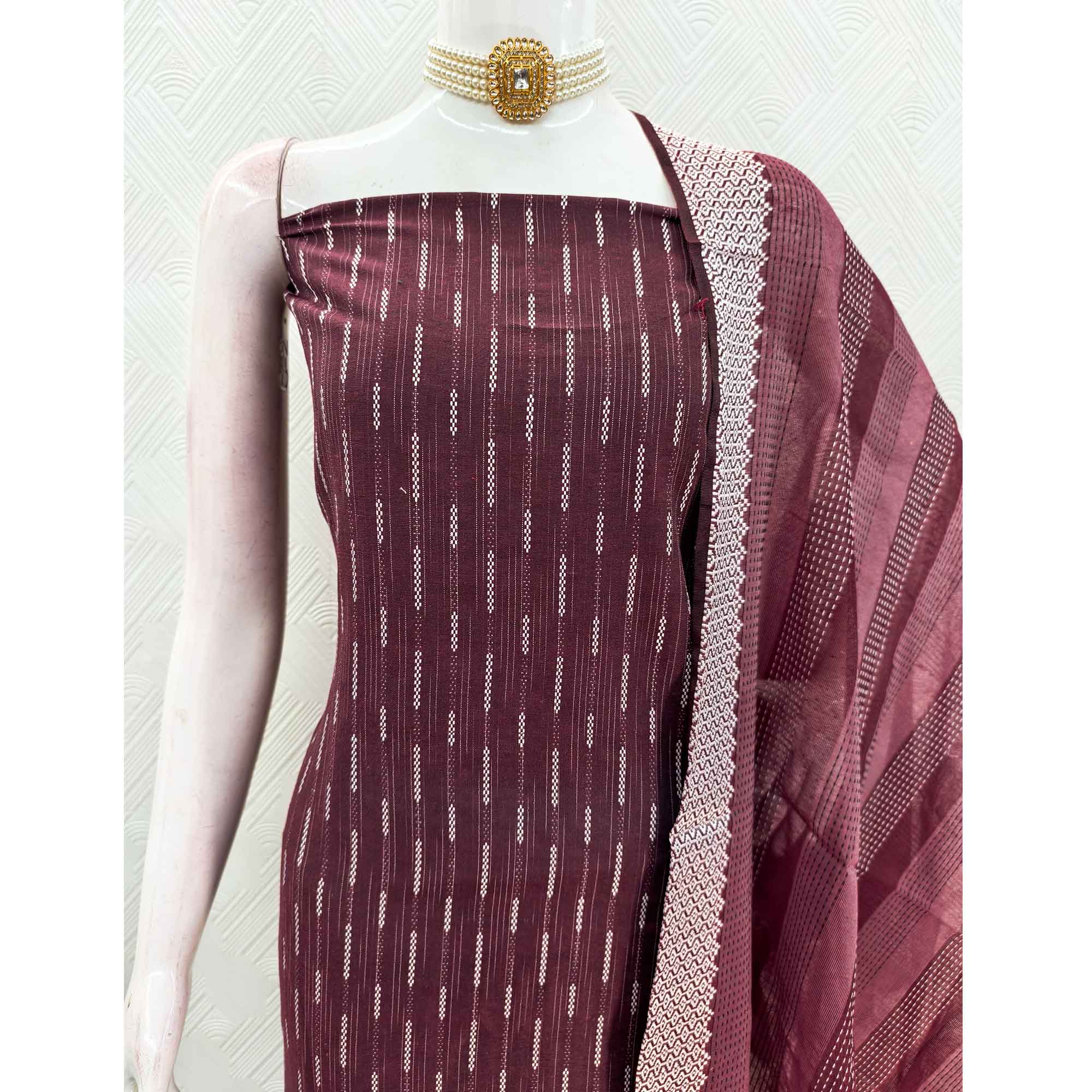 Wine Poly Cotton Blend Dress Material Adorned With Striped Weaving Work