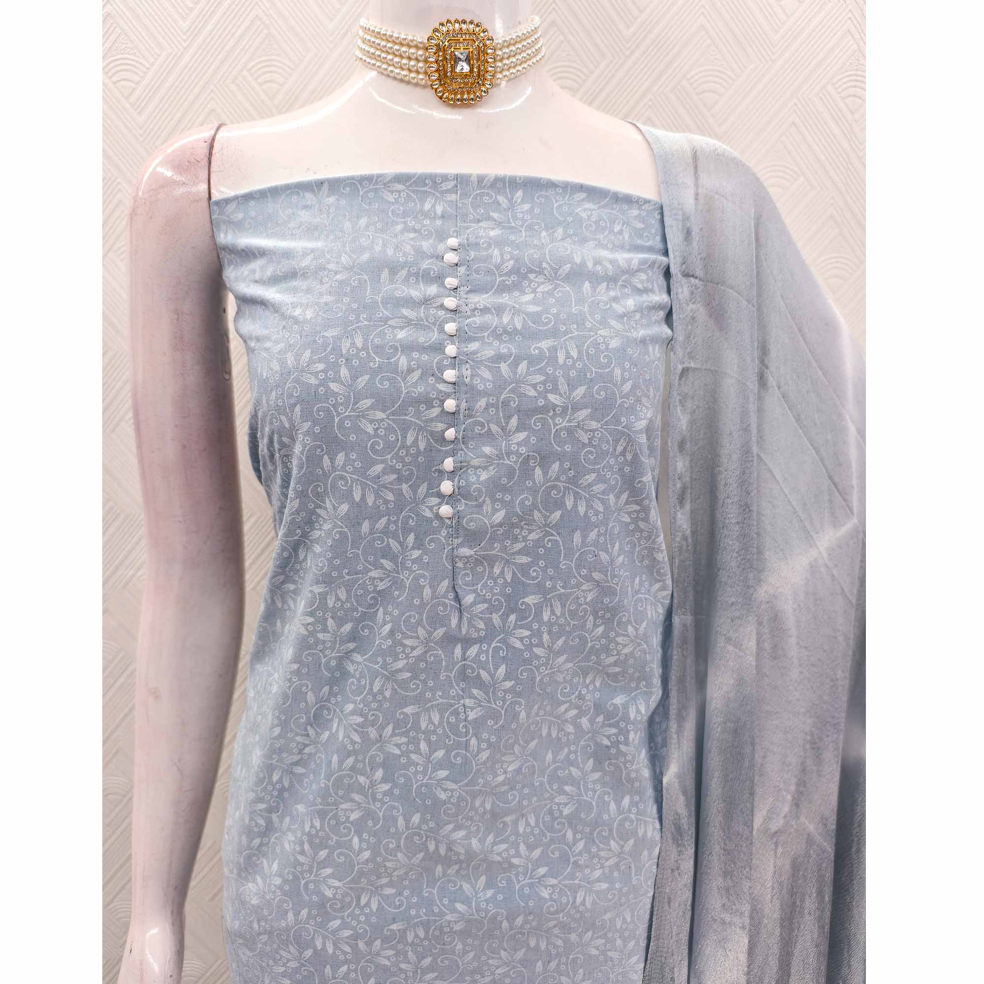 Grey Cotton Blend Dress Material Enhanced With Artistic Floral Printed Work