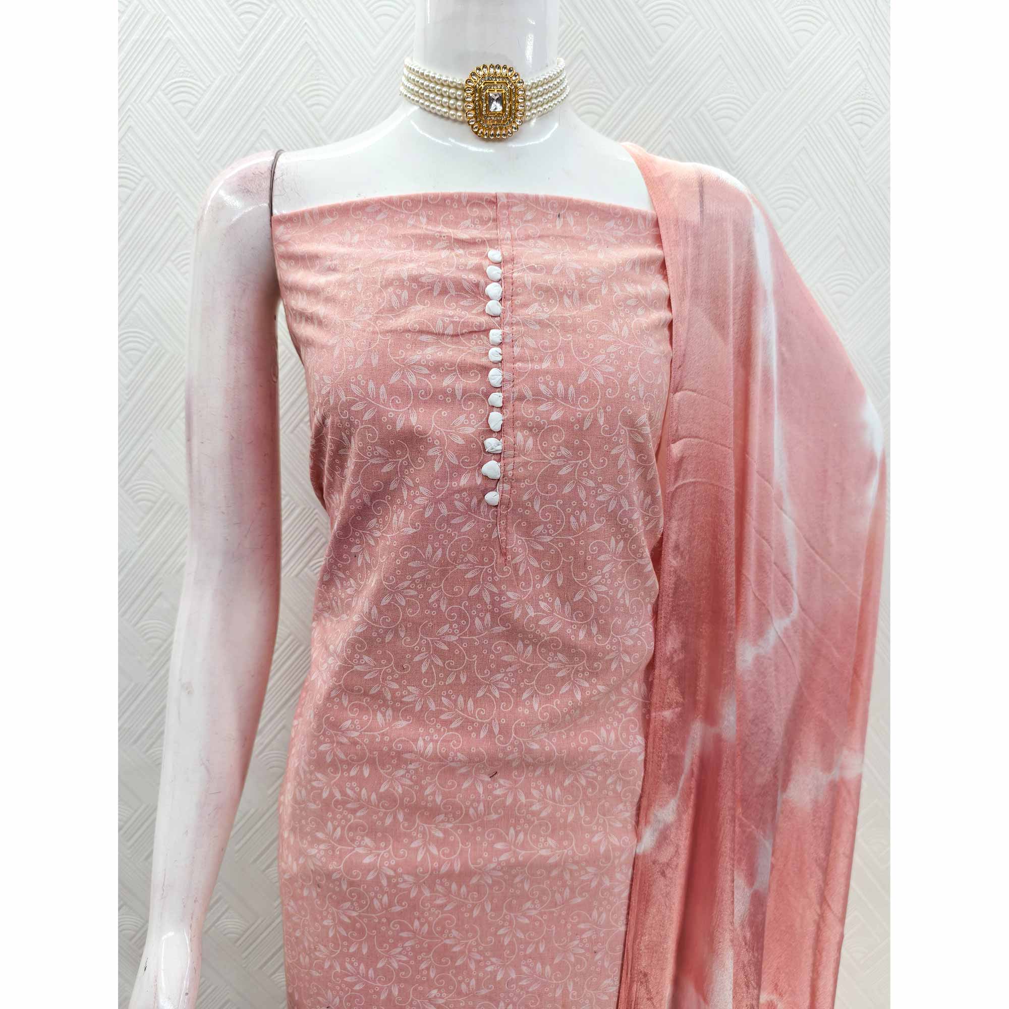 Peach Cotton Blend Dress Material Enhanced With Artistic Floral Printed Work