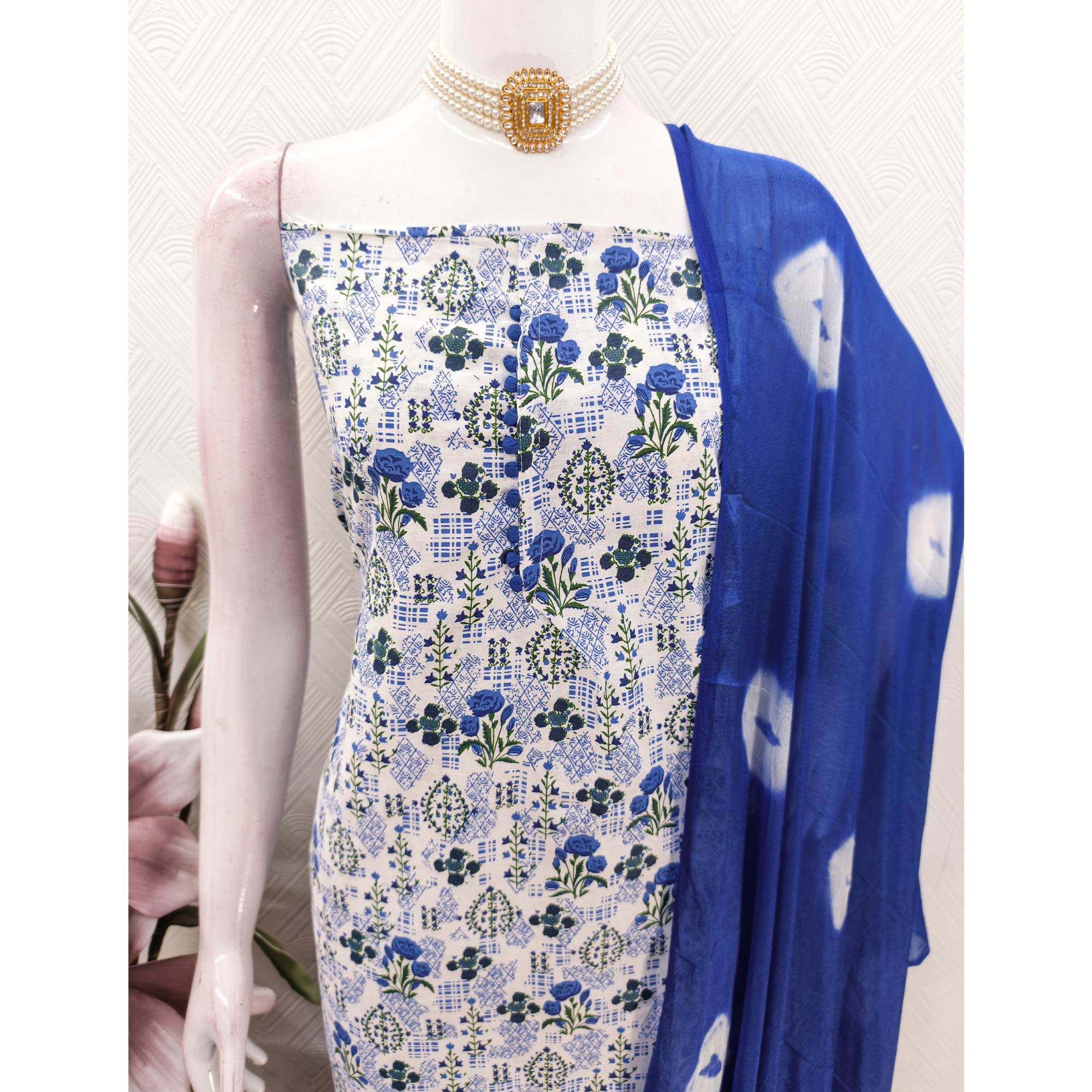 Lightweight Cream & Blue Cotton Dress Material with Beautiful Floral Print Detailing