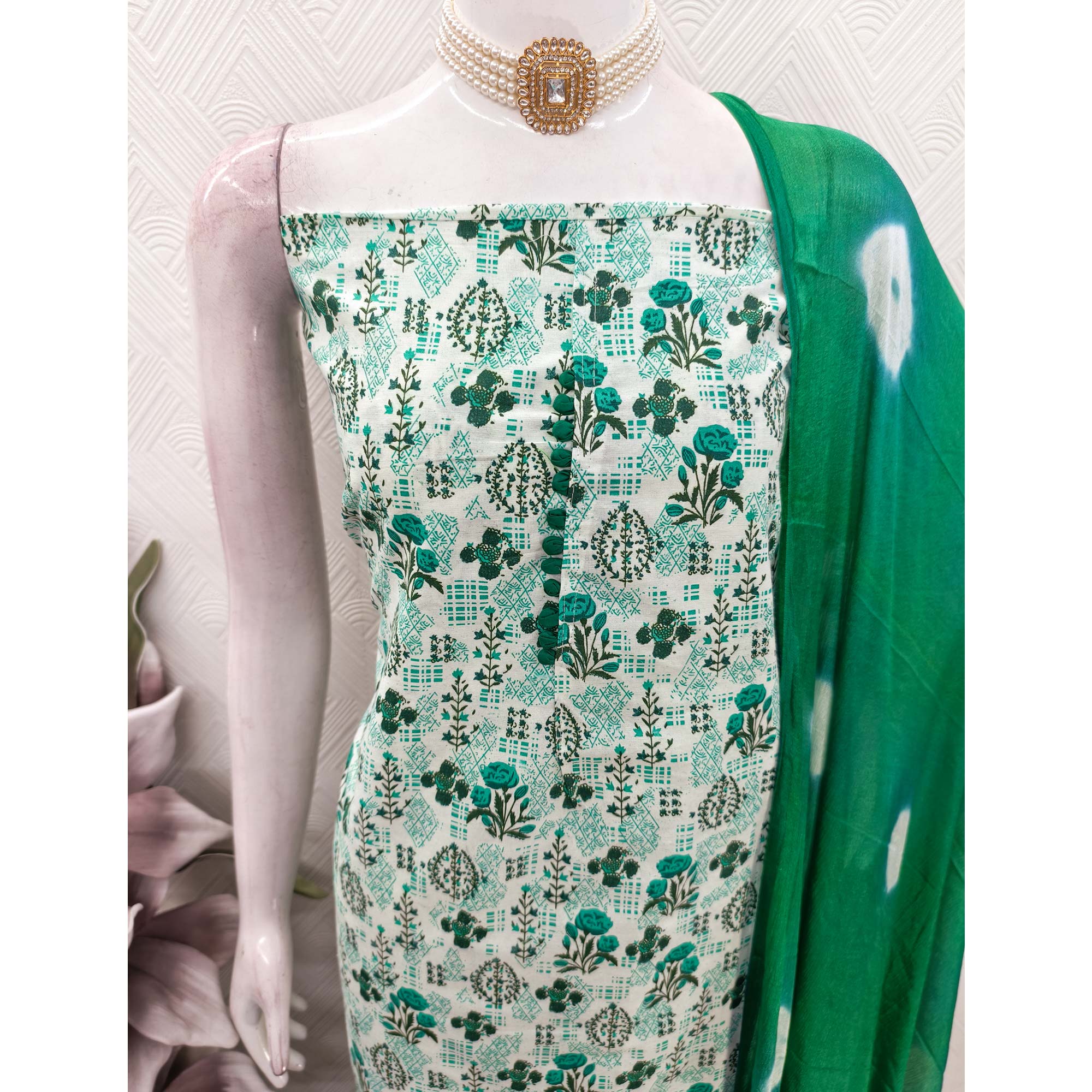 Lightweight Cream & Green Cotton Dress Material with Beautiful Floral Print Detailing