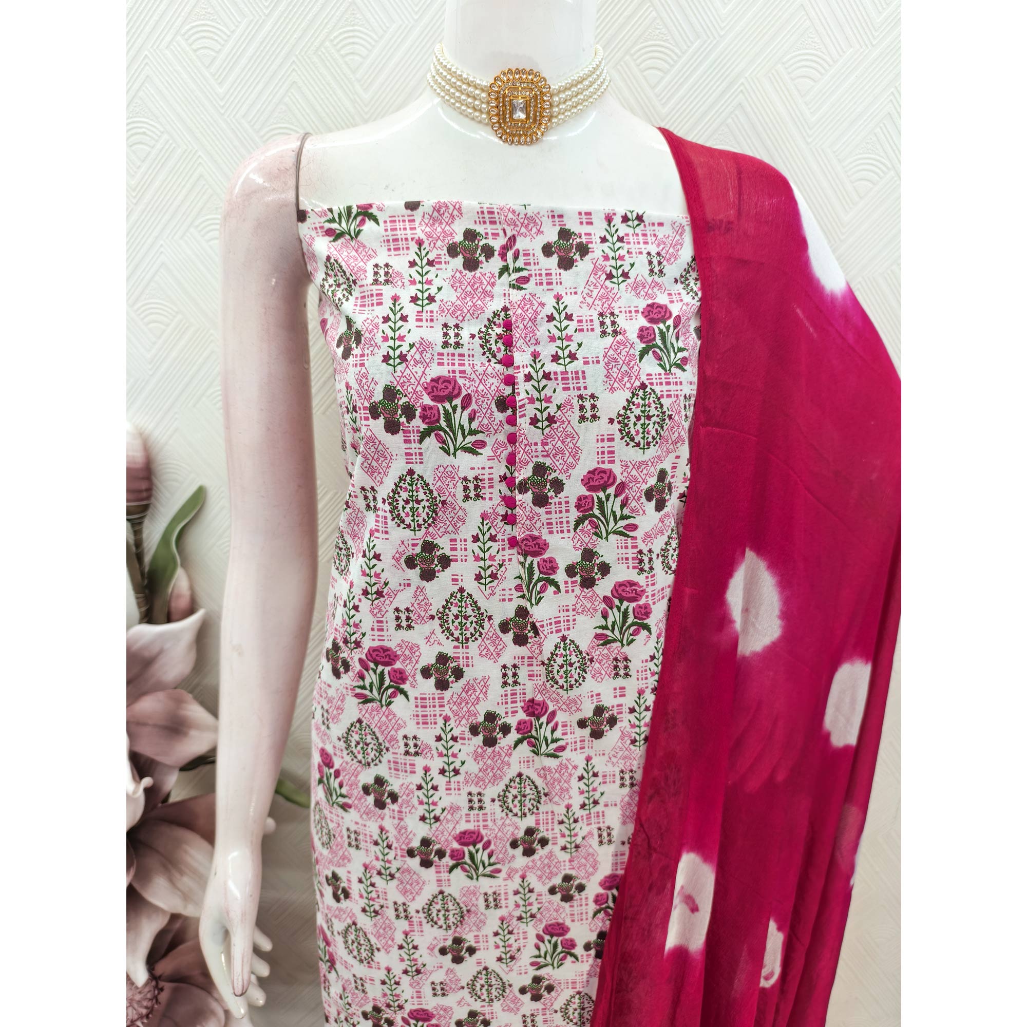 Lightweight Cream & Pink Cotton Dress Material with Beautiful Floral Print Detailing
