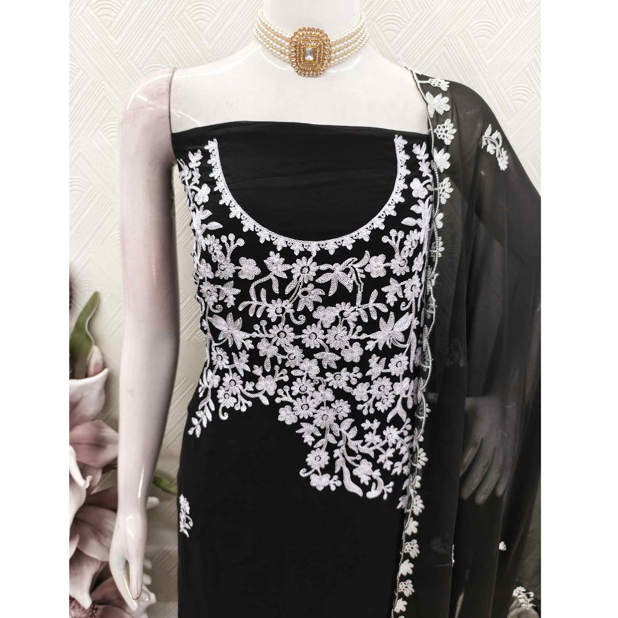 Designer Black Floral Embroidered Georgette Material for Stylish Dresses and Outfits