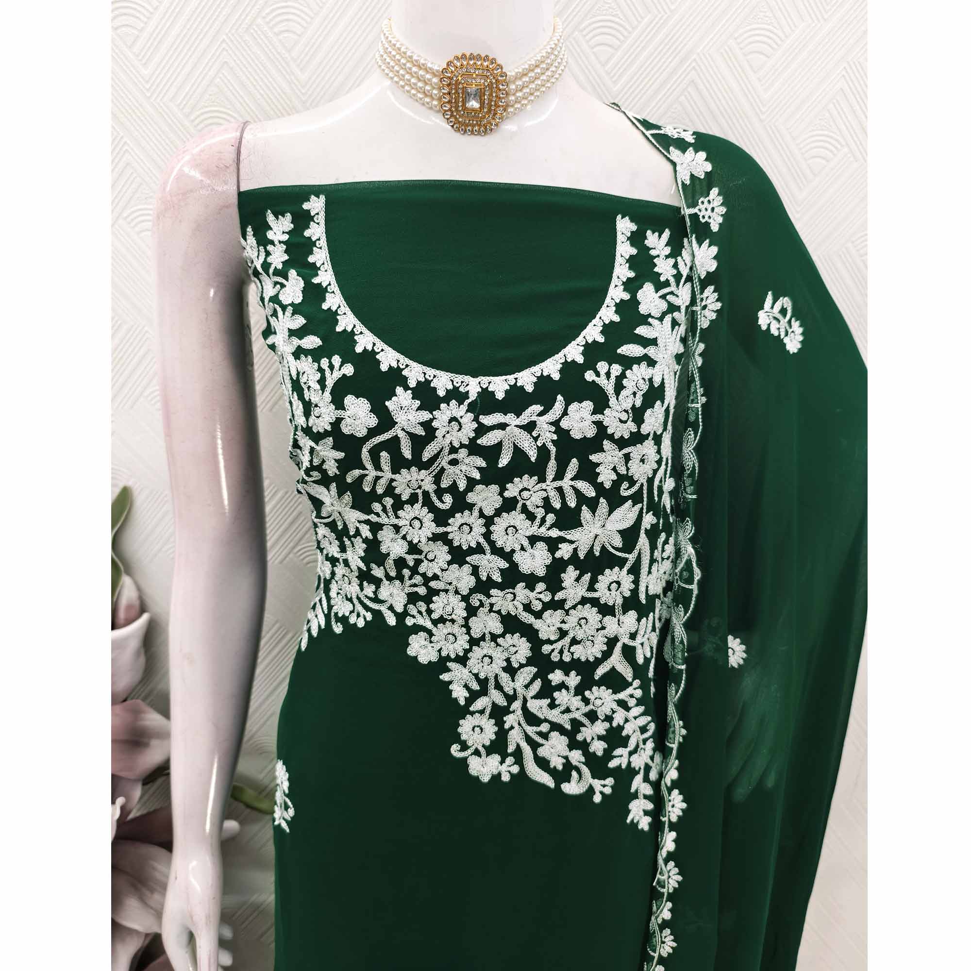 Designer Dark Green Floral Embroidered Georgette Material for Stylish Dresses and Outfits