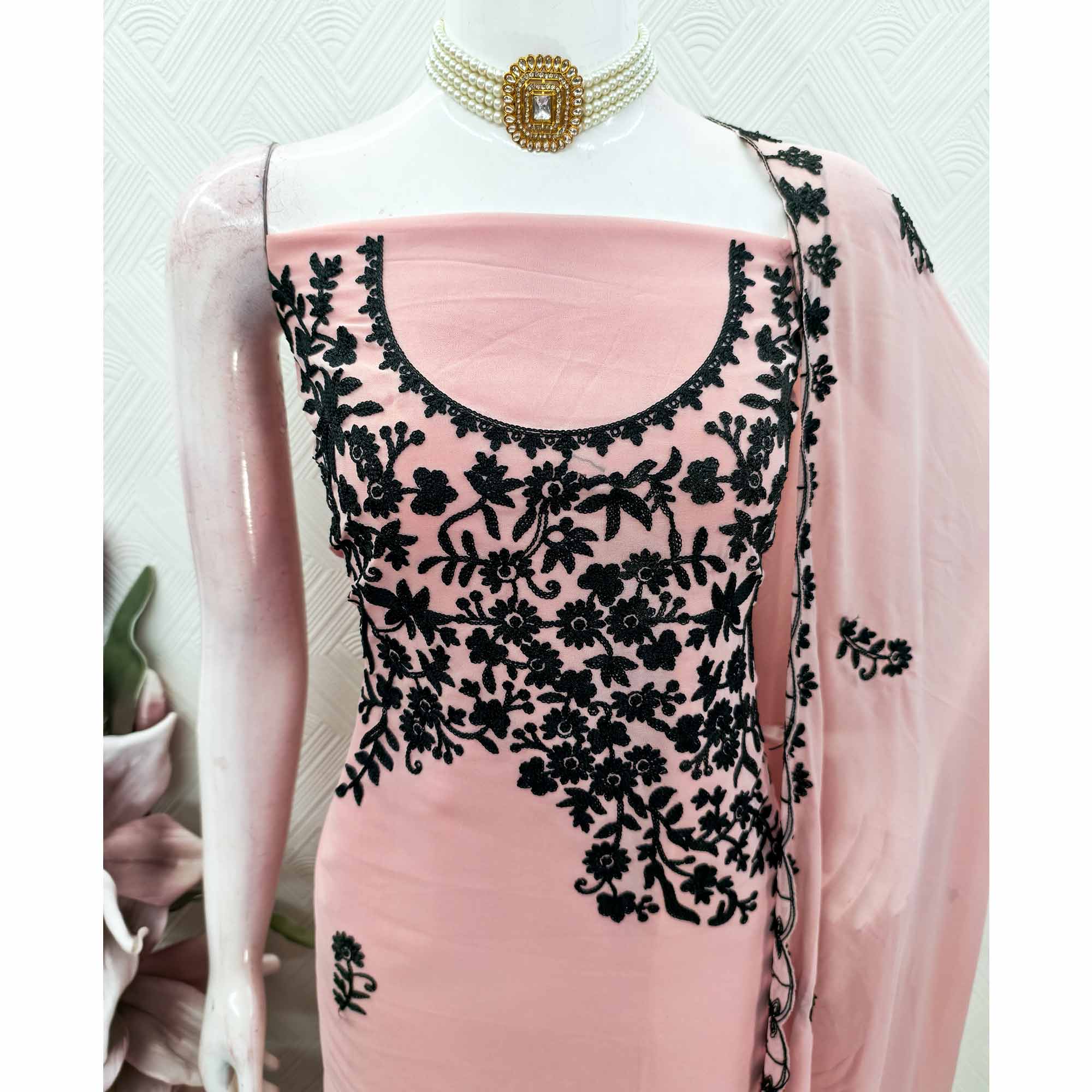 Designer Peach Floral Embroidered Georgette Material for Stylish Dresses and Outfits