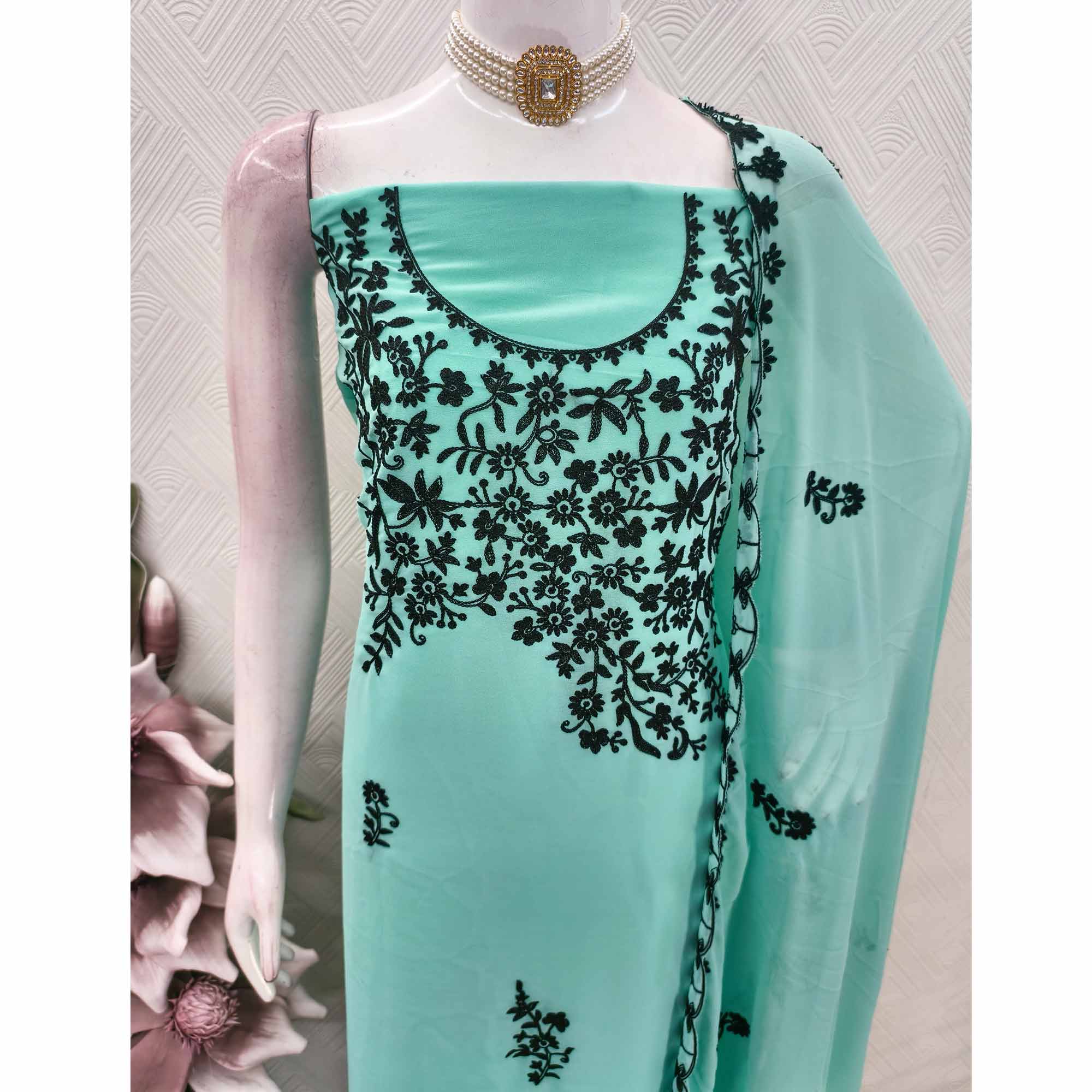 Designer Turquoise Floral Embroidered Georgette Material for Stylish Dresses and Outfits