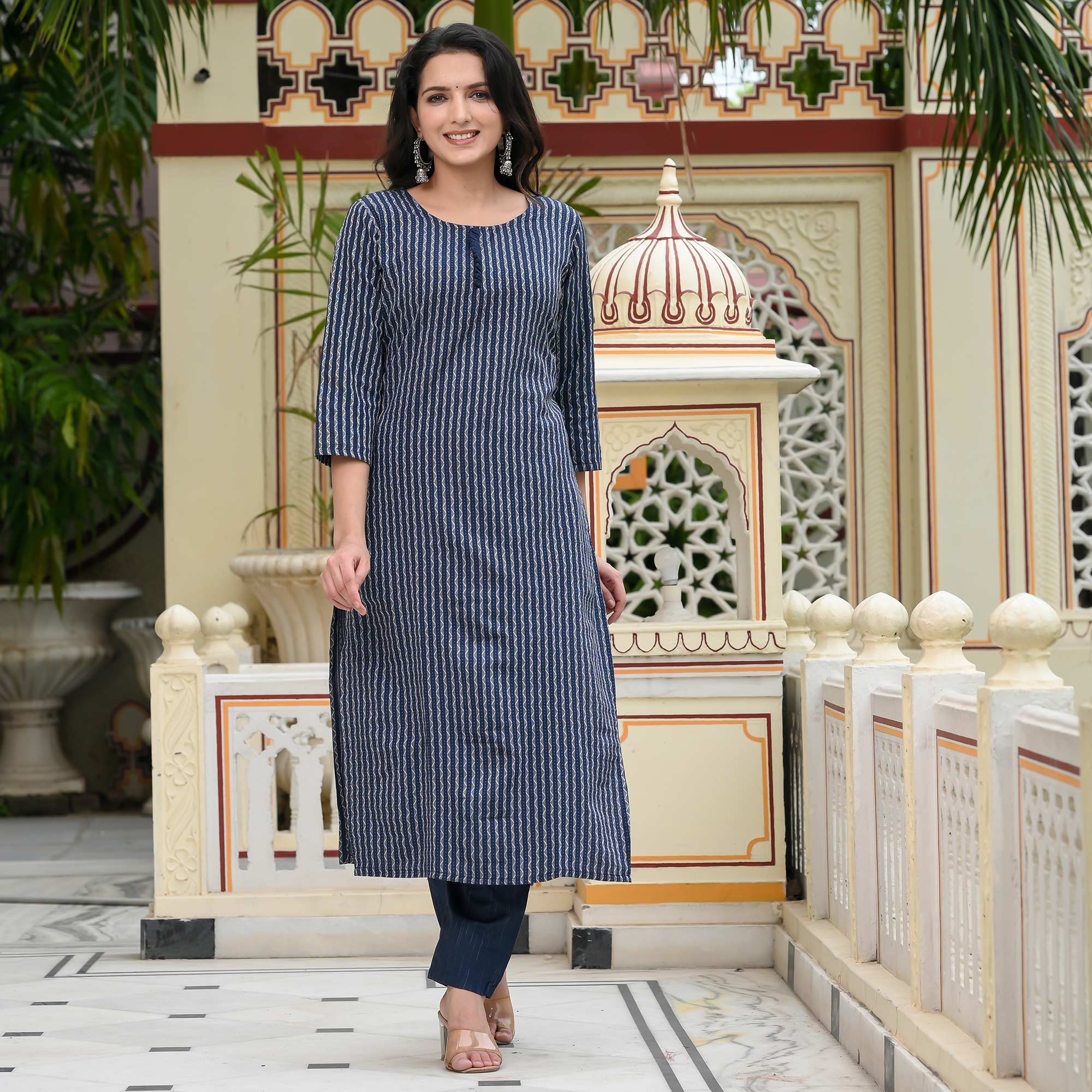 Navy Blue Woven Cotton Blend Dress Material